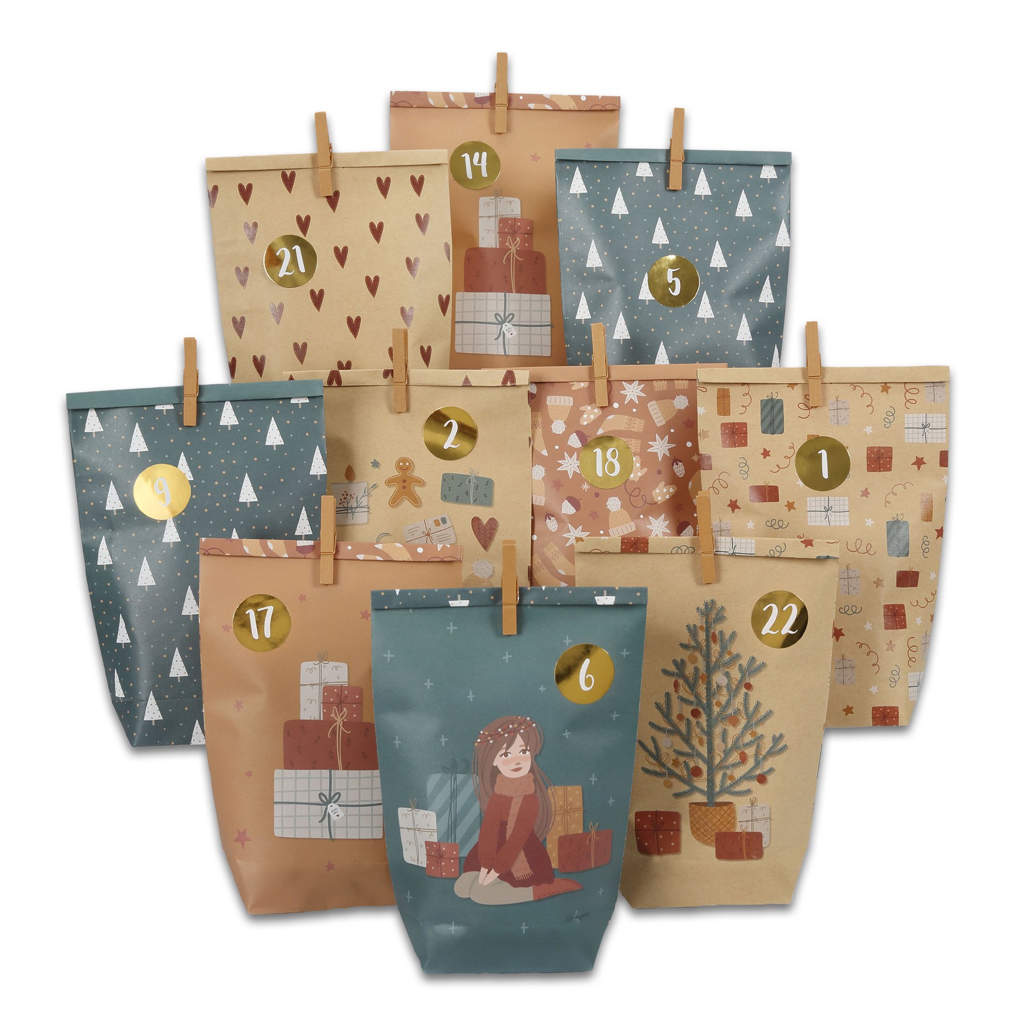 24 Adventskalender-Tüten in Petrol und Braun mit goldenen Zahlen und Holzklammern zum Befüllen