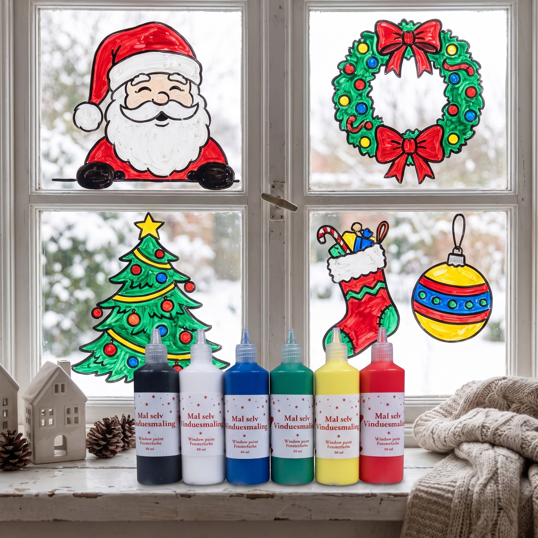 Mit Fensterfarben gemalte Weihnachtsbilder am Fenster, auf dem Sims die sechs Farbflaschen