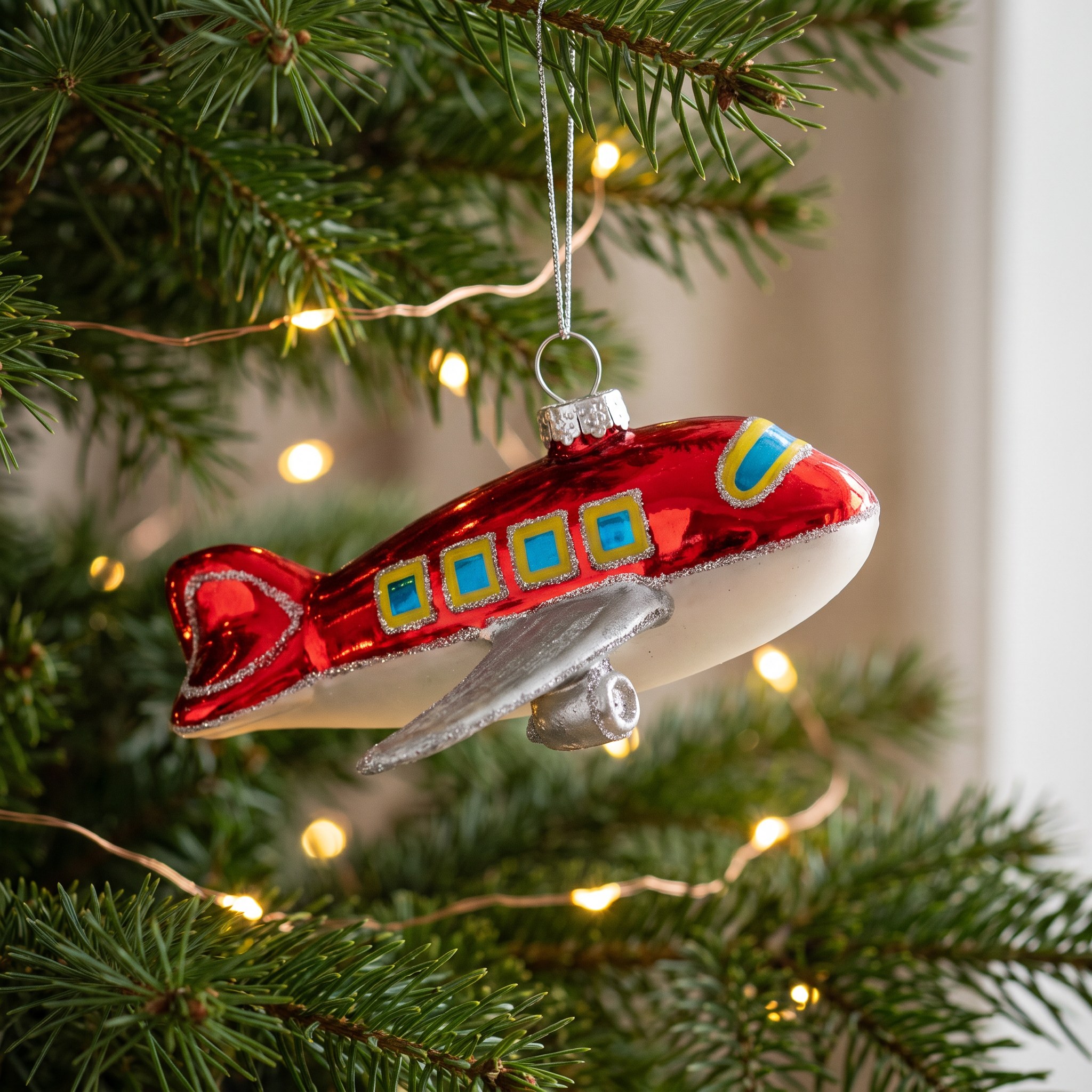 Flugzeug-Anhänger aus Glas am geschmückten Weihnachtsbaum mit Lichterkette