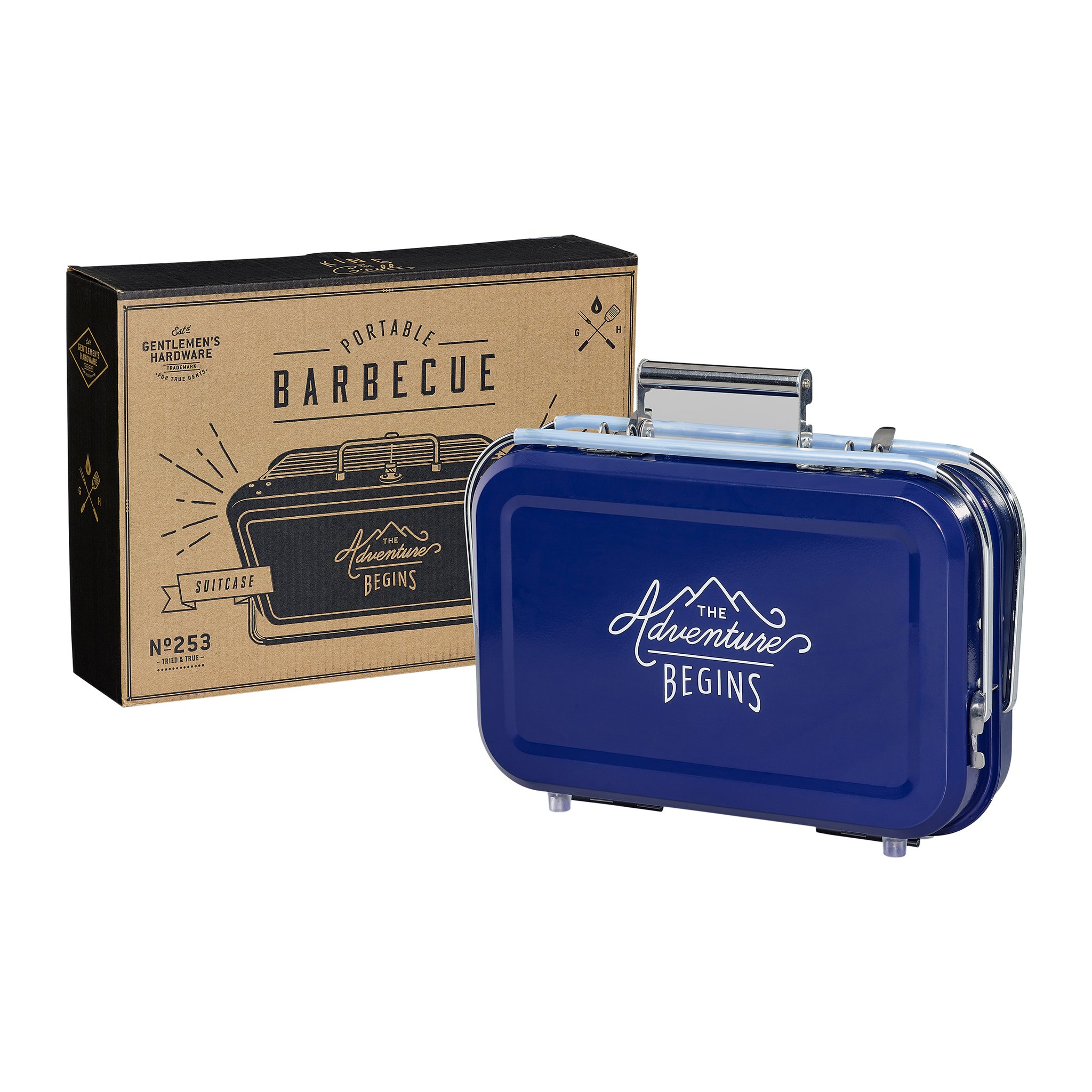Large Portable BBQ closed, standing beside its brown cardboard box marked «Portable Barbecue» and «Suitcase»