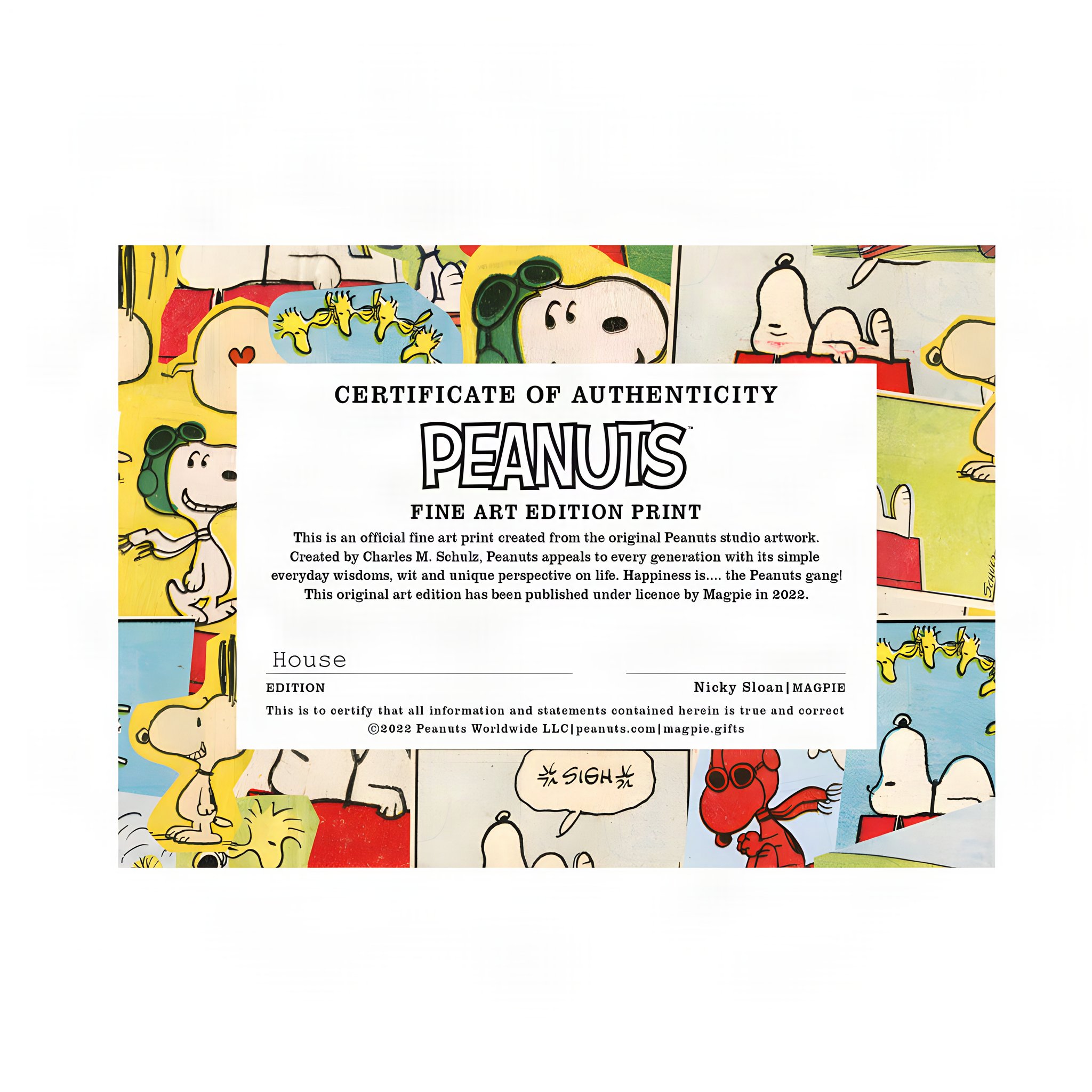 Echtheitszertifikat zum Peanuts Fine-Art-Druck mit Comic-Hintergrund