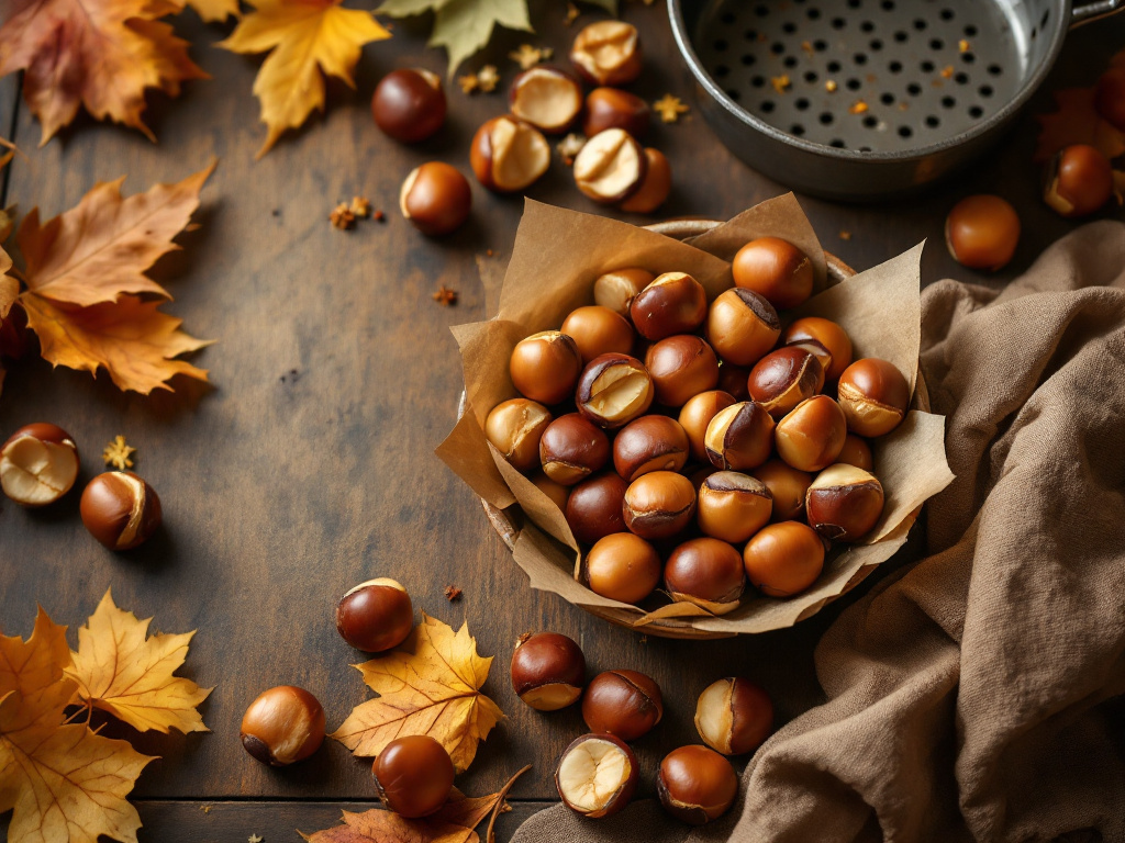 Geröstete Marroni auf einem Holztisch