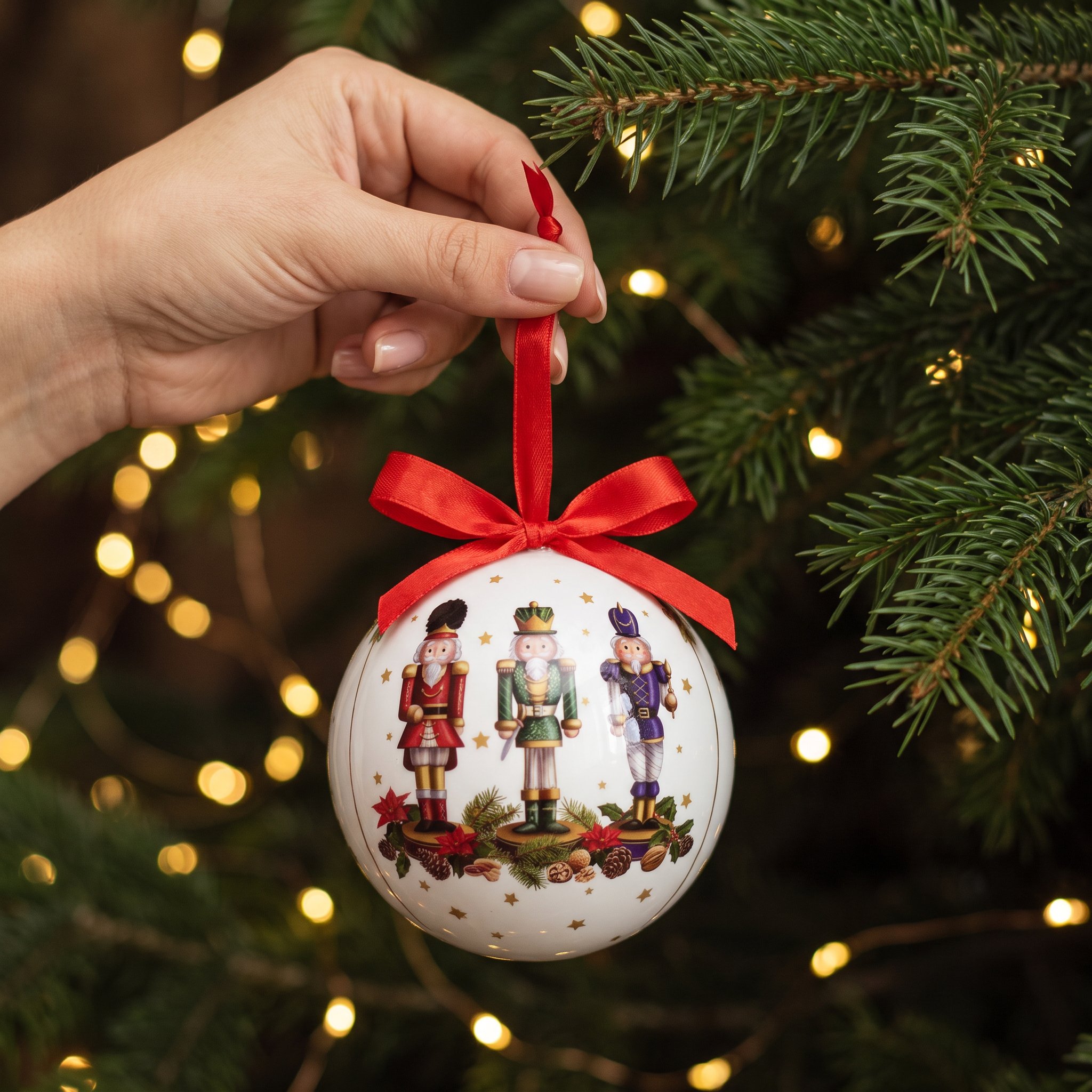 Nutcracker Christmas bauble being hung in the Christmas tree by its red ribbon