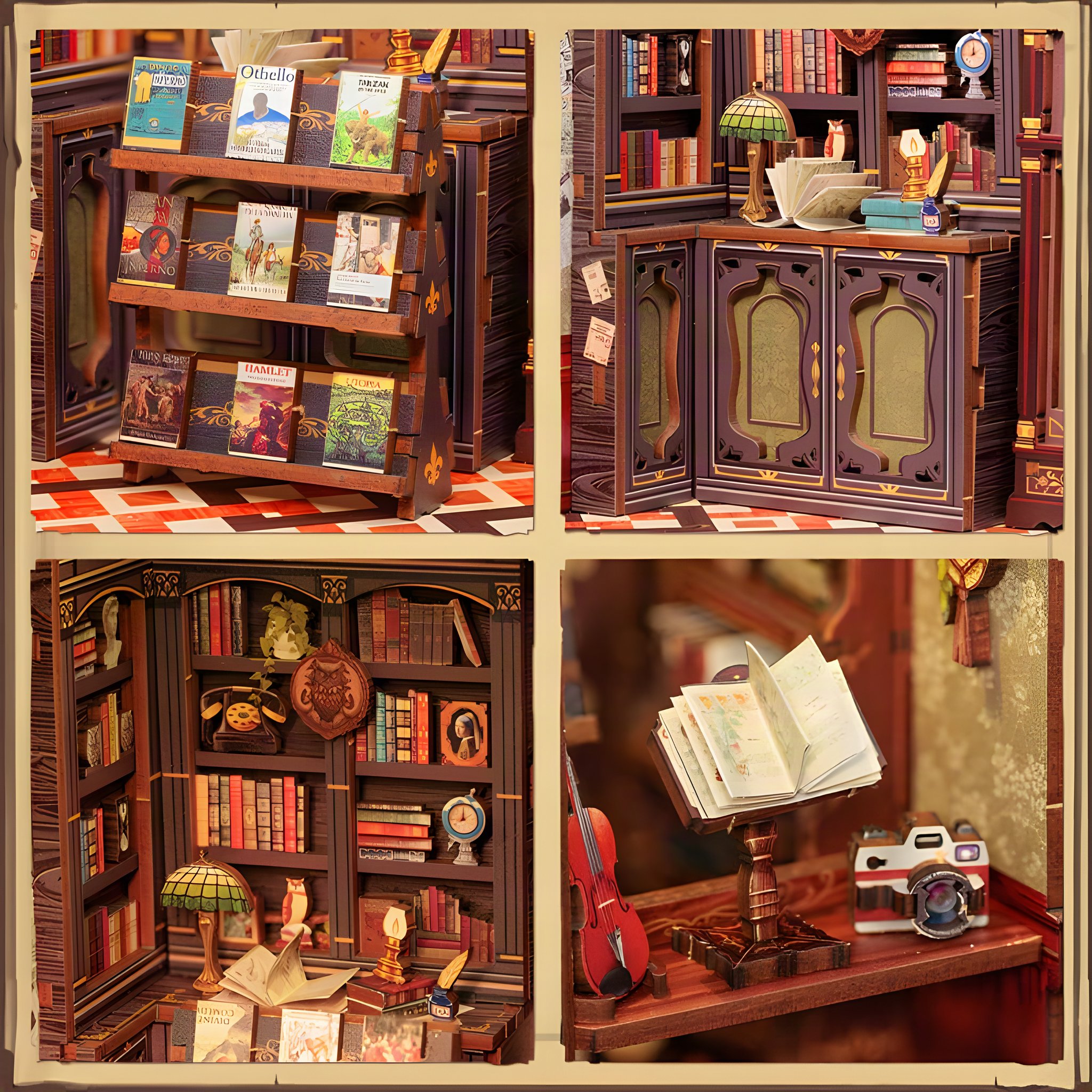 Détails intérieurs : présentoir à revues, mur de livres, armoire et table de lecture