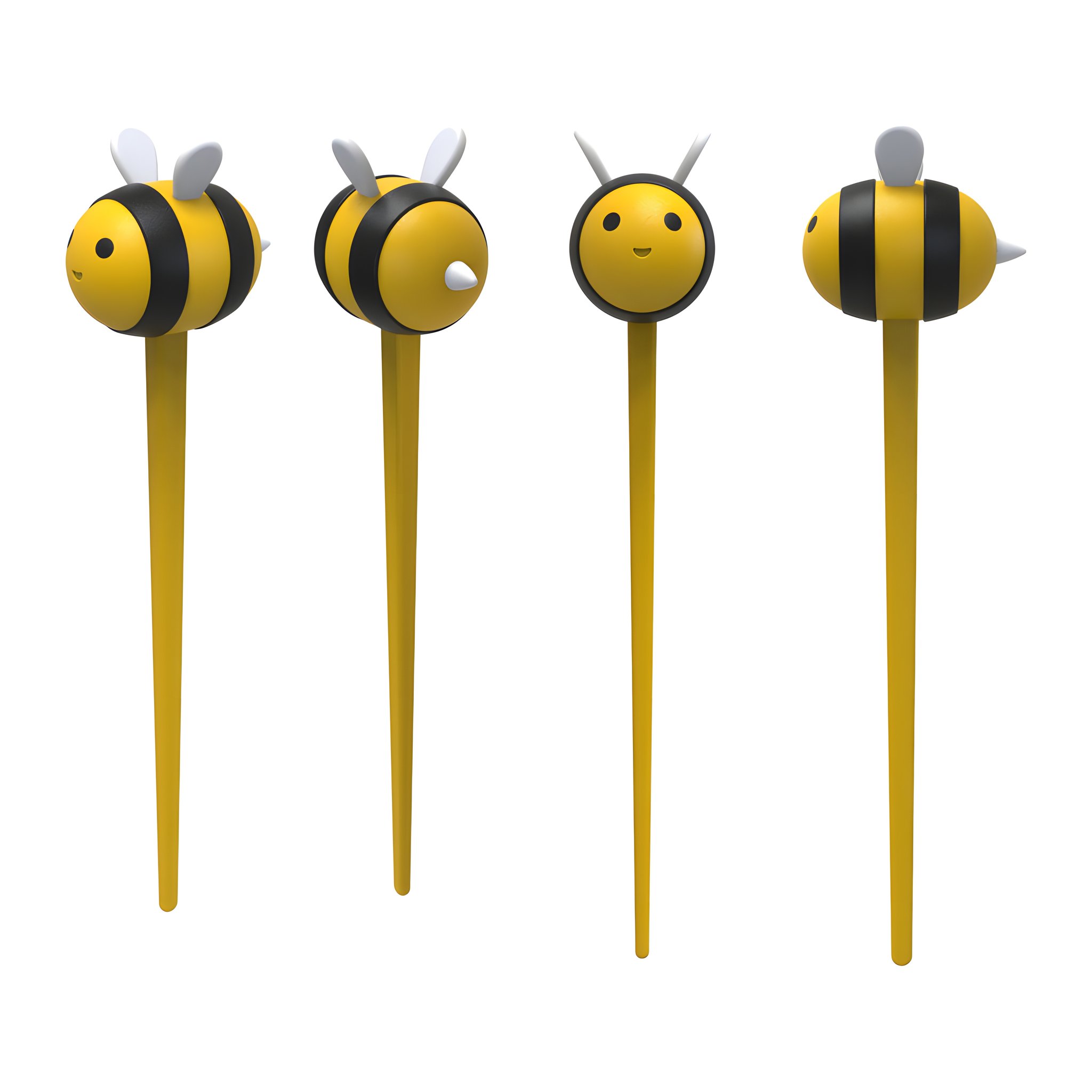 Vier Bienen Foodpicks von vorne, von der Seite und von hinten mit gelben Stäben und weissen Flügeln