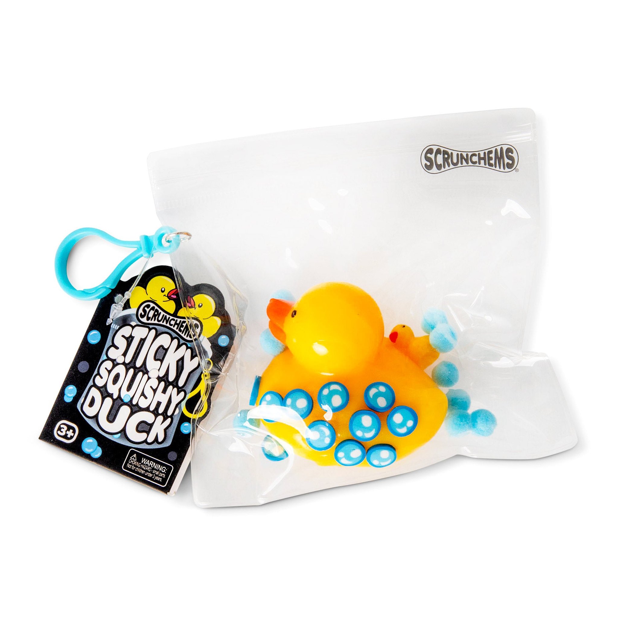 Sticky squishy duck with blue bubble dots, foam pompoms and mini duck