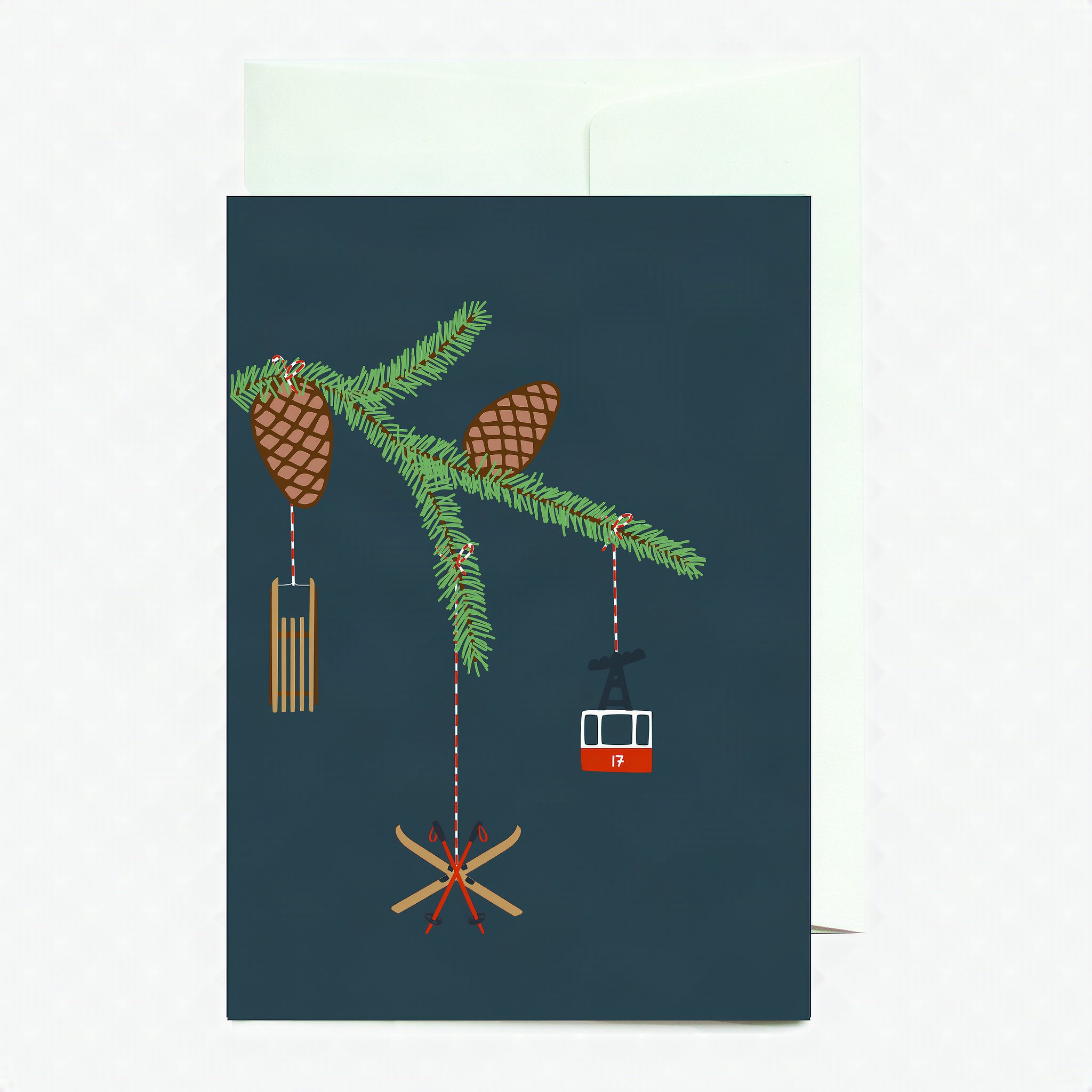 Weihnachtskarte mit Gondel-Gehaenge vor dunklem Grund