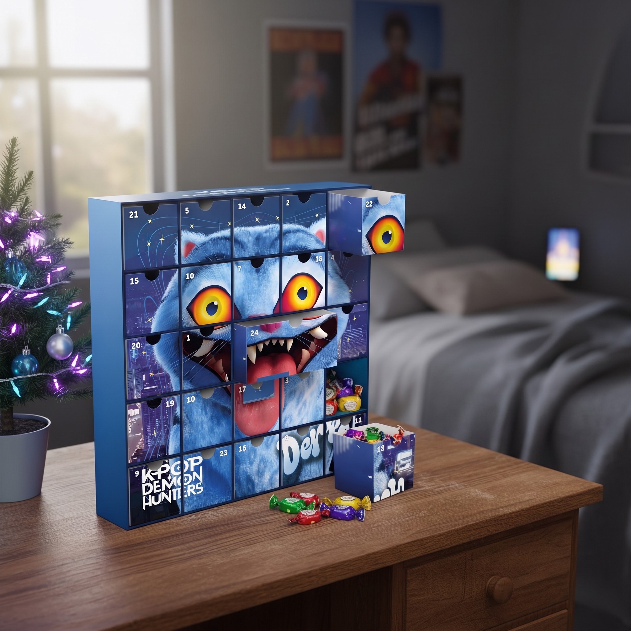 KPop Demon Hunters Adventskalender auf einem Schreibtisch mit einer herausgenommenen Schublade voller Süssigkeiten