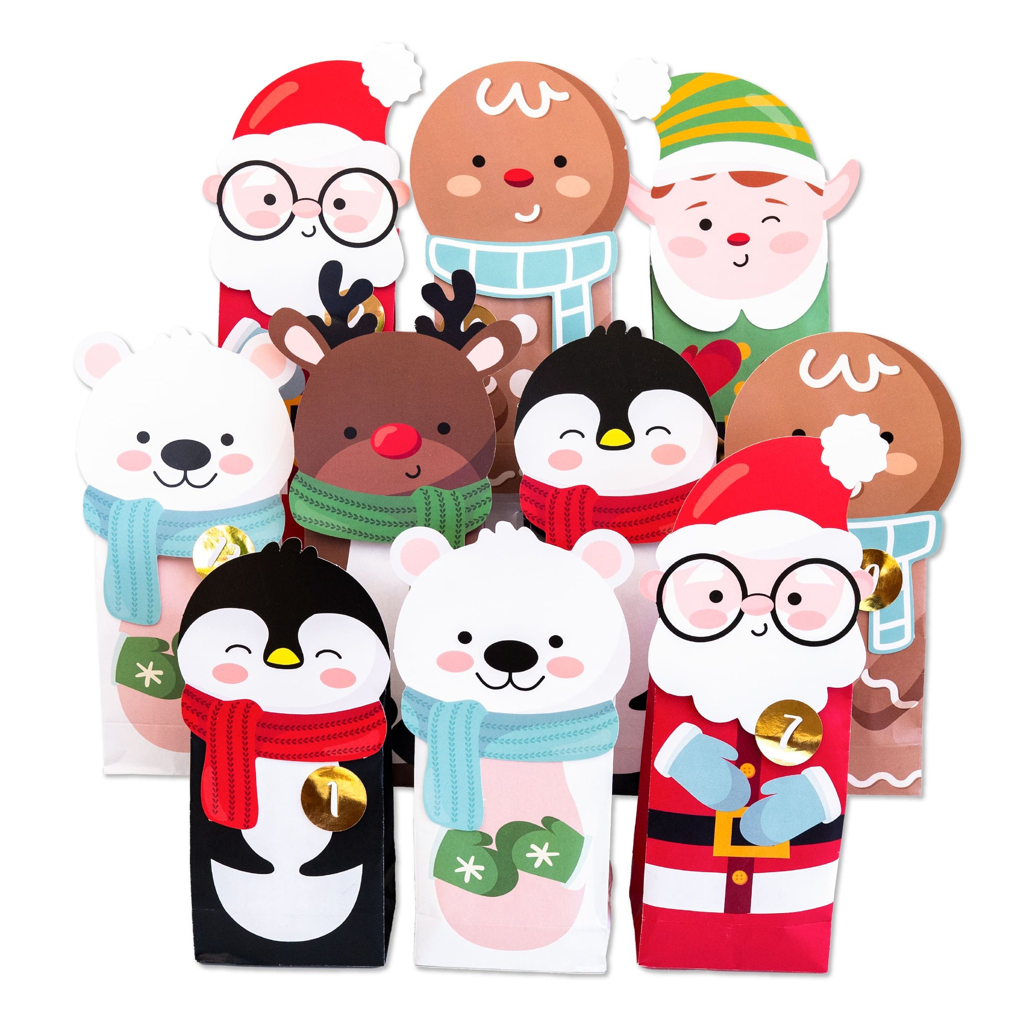 24 Tüten als Weihnachtsmann, Rentier, Pinguin, Eisbär, Wichtel und Lebkuchenmann des Weihnachtshelfer Adventskalenders