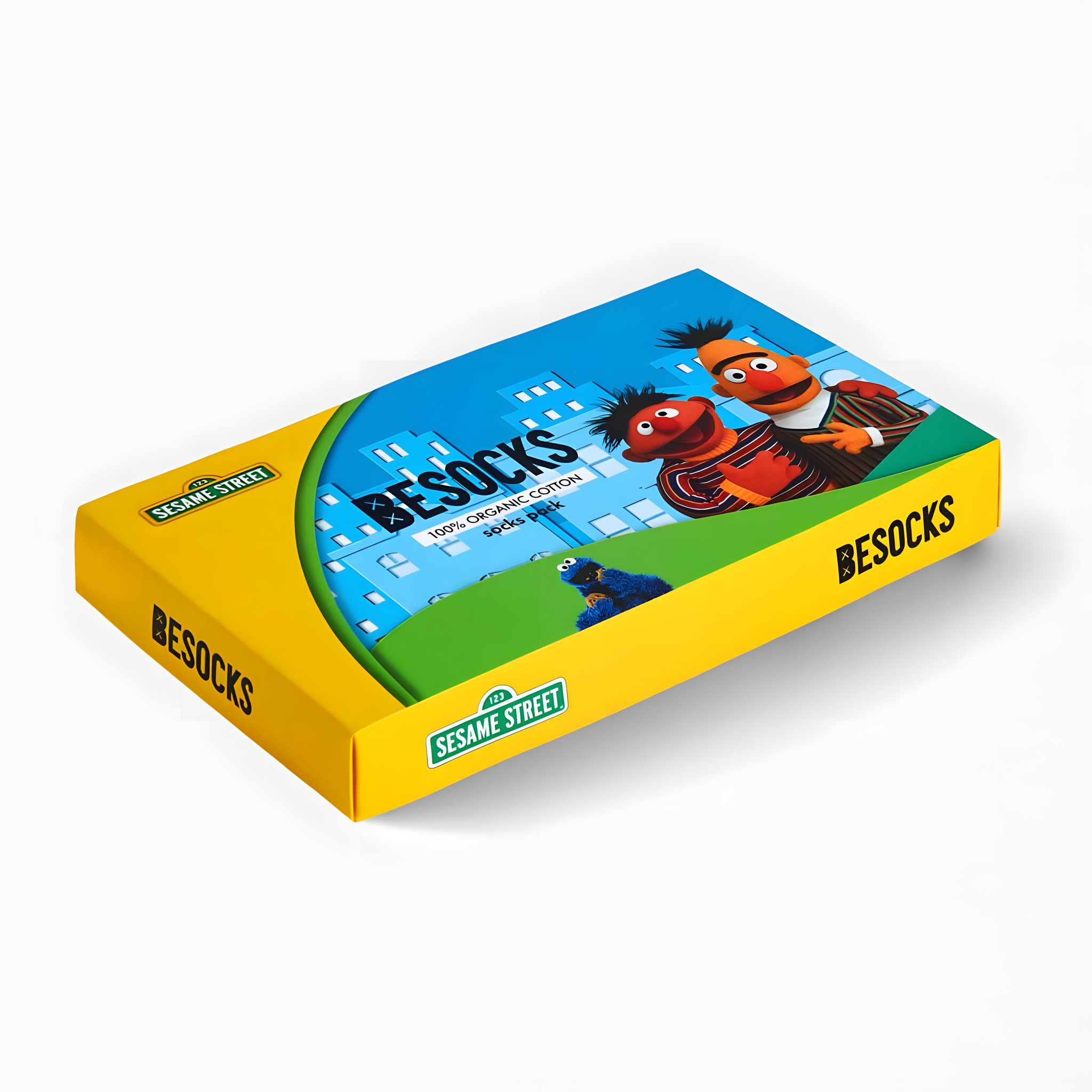 Sesamstrasse Socken-Geschenkbox flach liegend mit gelbem Rand, Sesame-Street-Logo und BESOCKS-Schriftzug