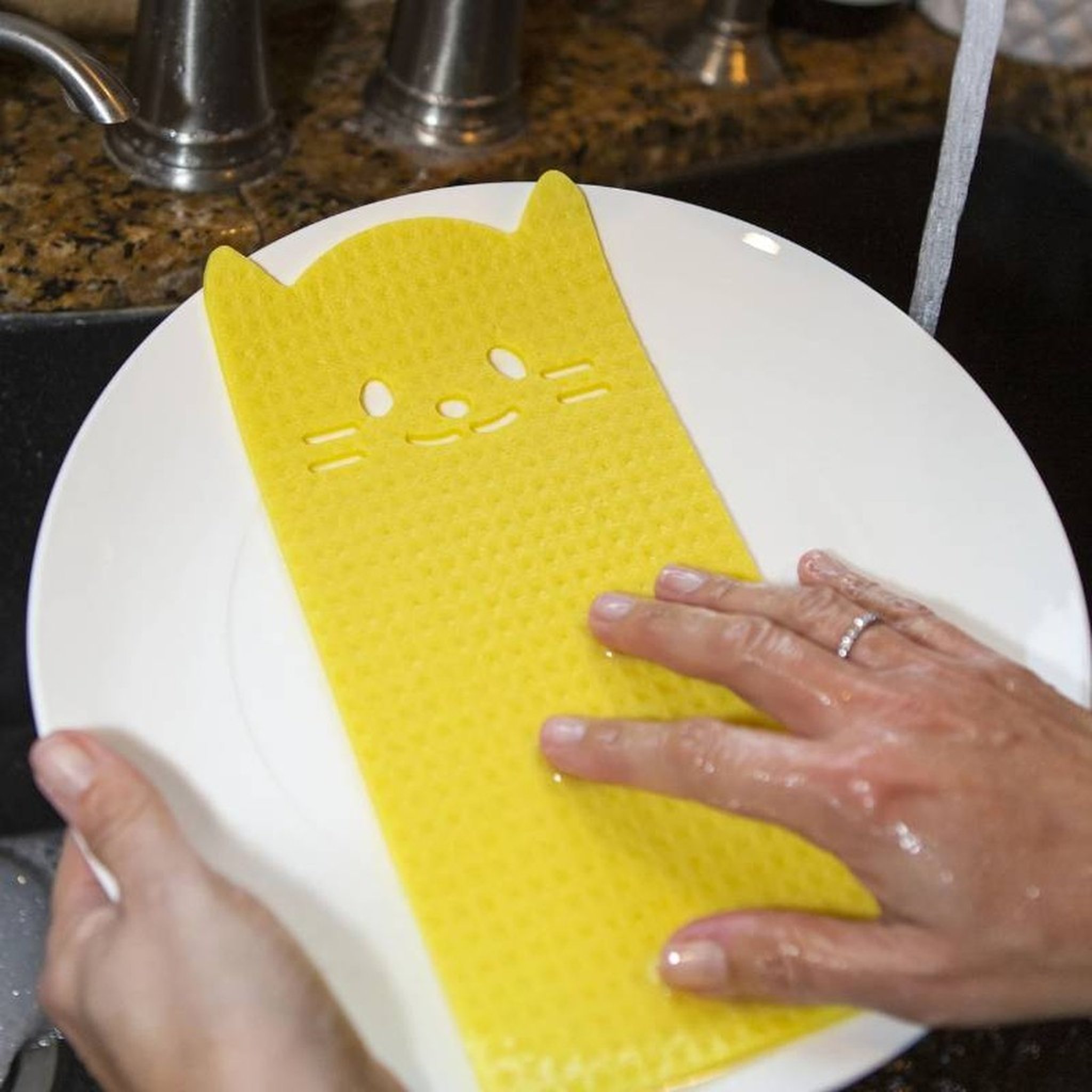 Lavette chat jaune sur une assiette mouillée dans l'évier