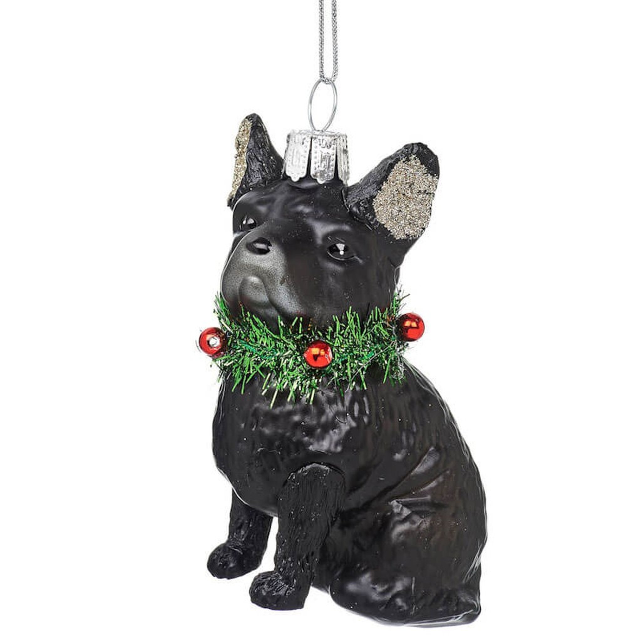 Frenchie Weihnachtsbaumschmuck freigestellt, schwarze Glasfigur mit Glitzerohren und Weihnachtskranz