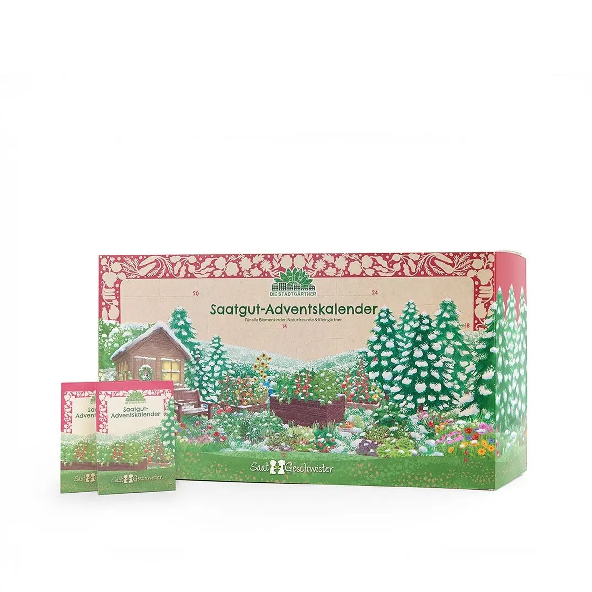 Landscape-format seed advent calendar with a snowy garden shed, two seed packets beside it