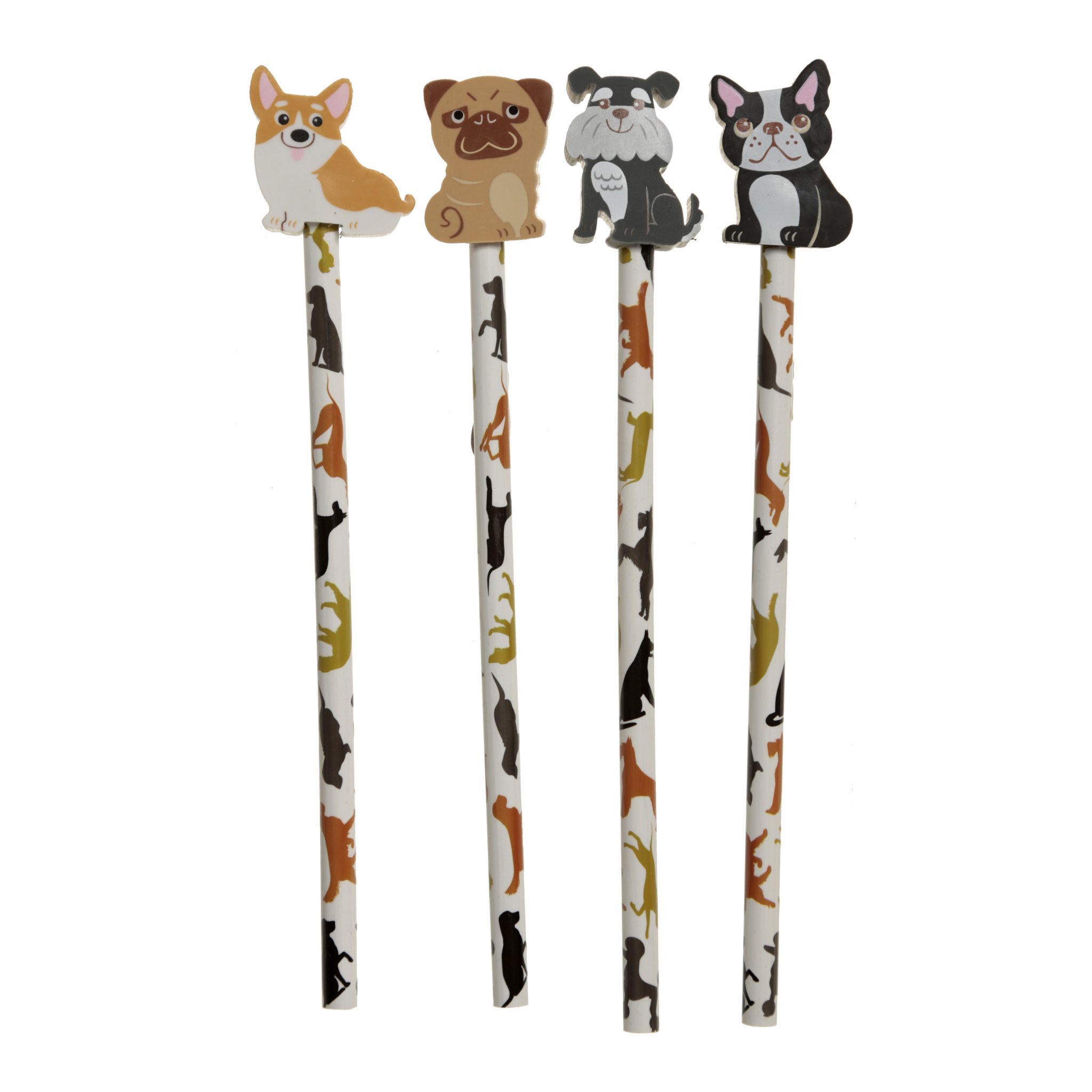 Quatre crayons surmontes d'un corgi, carlin, schnauzer et bouledogue