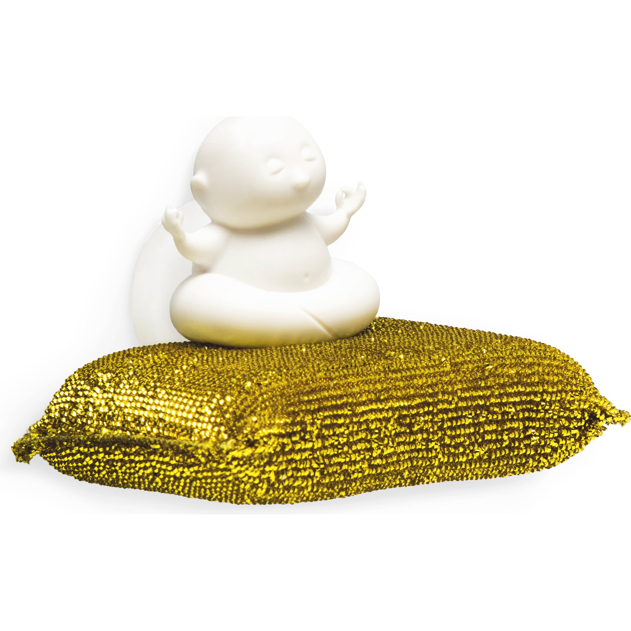 Meditierende Yogi-Figur aus weissem Kunststoff auf goldenem Schwamm