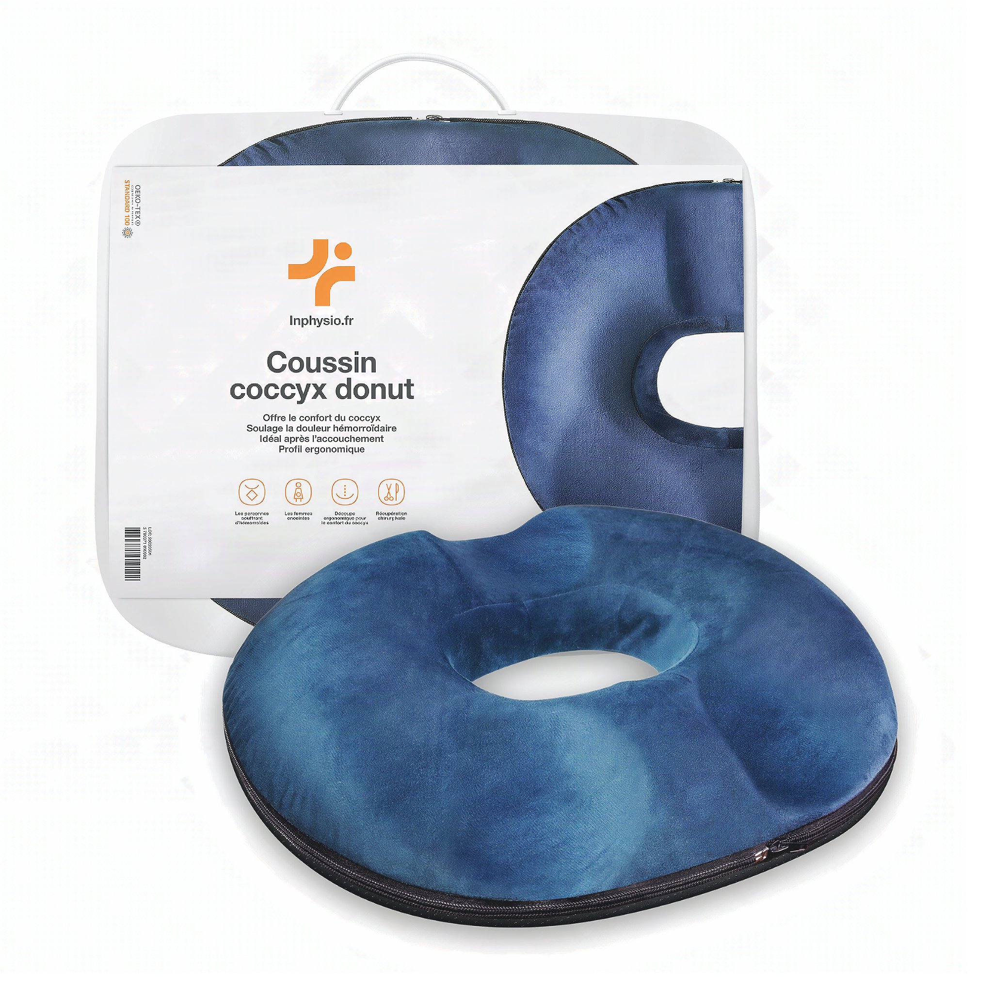 Coussin coccyx donut devant son sac de transport Inphysio avec poignée