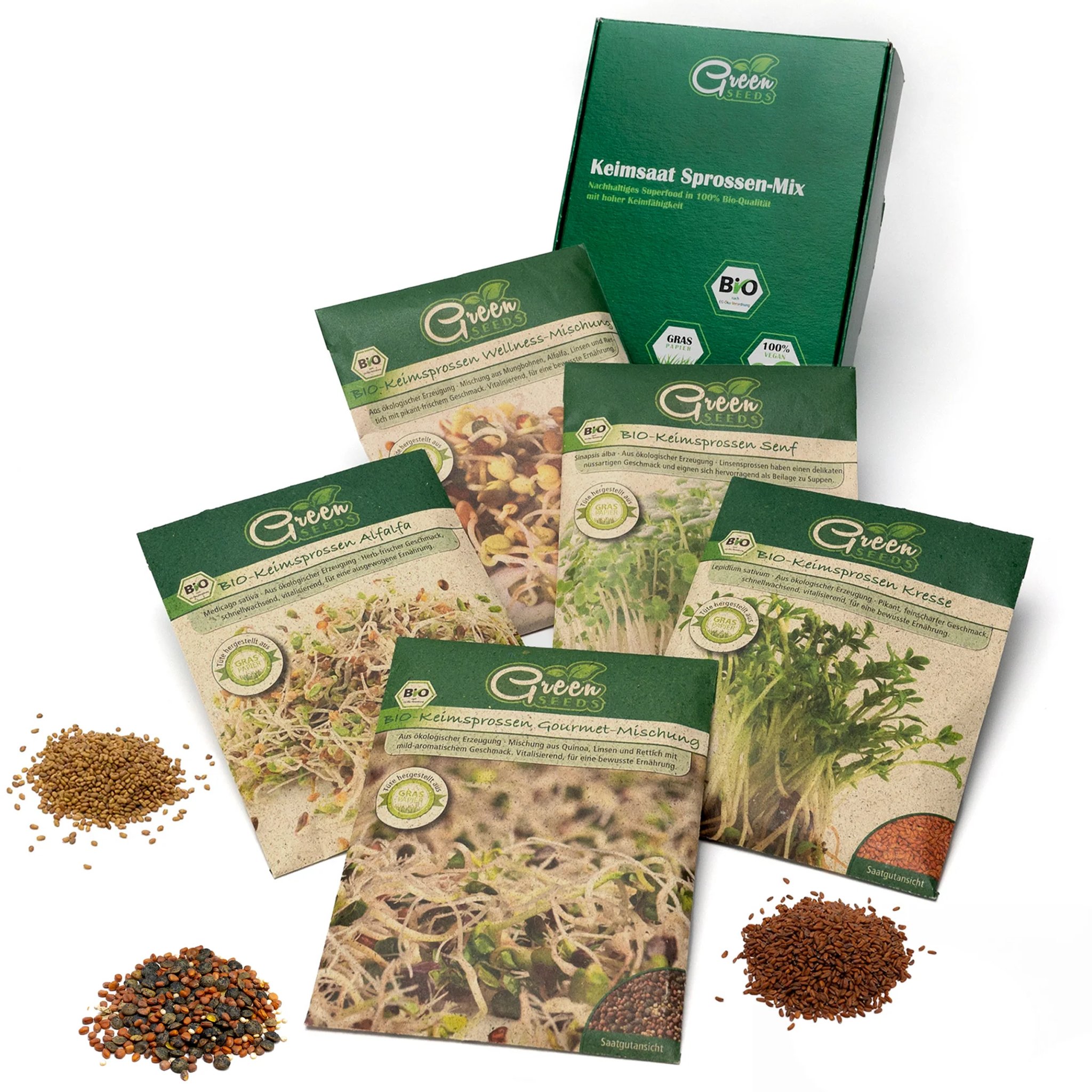 Bio-Keimsprossen 5er Set Verpackung mit allen 5 Saatgut-Tüten