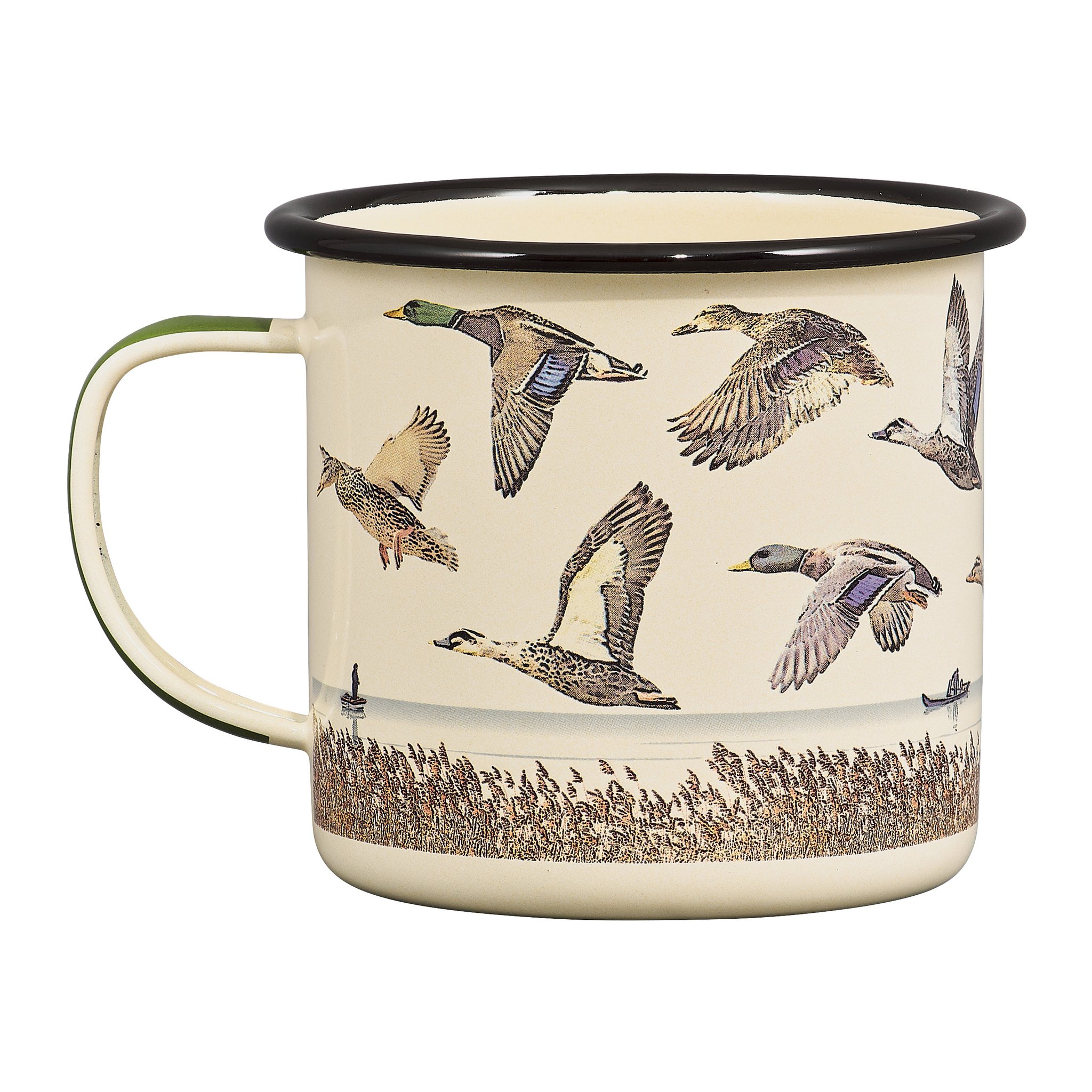 Die Enten Emaille-Tasse von der anderen Seite: Henkel links, fliegende Enten, Schilf und kleine Boote am Ufer