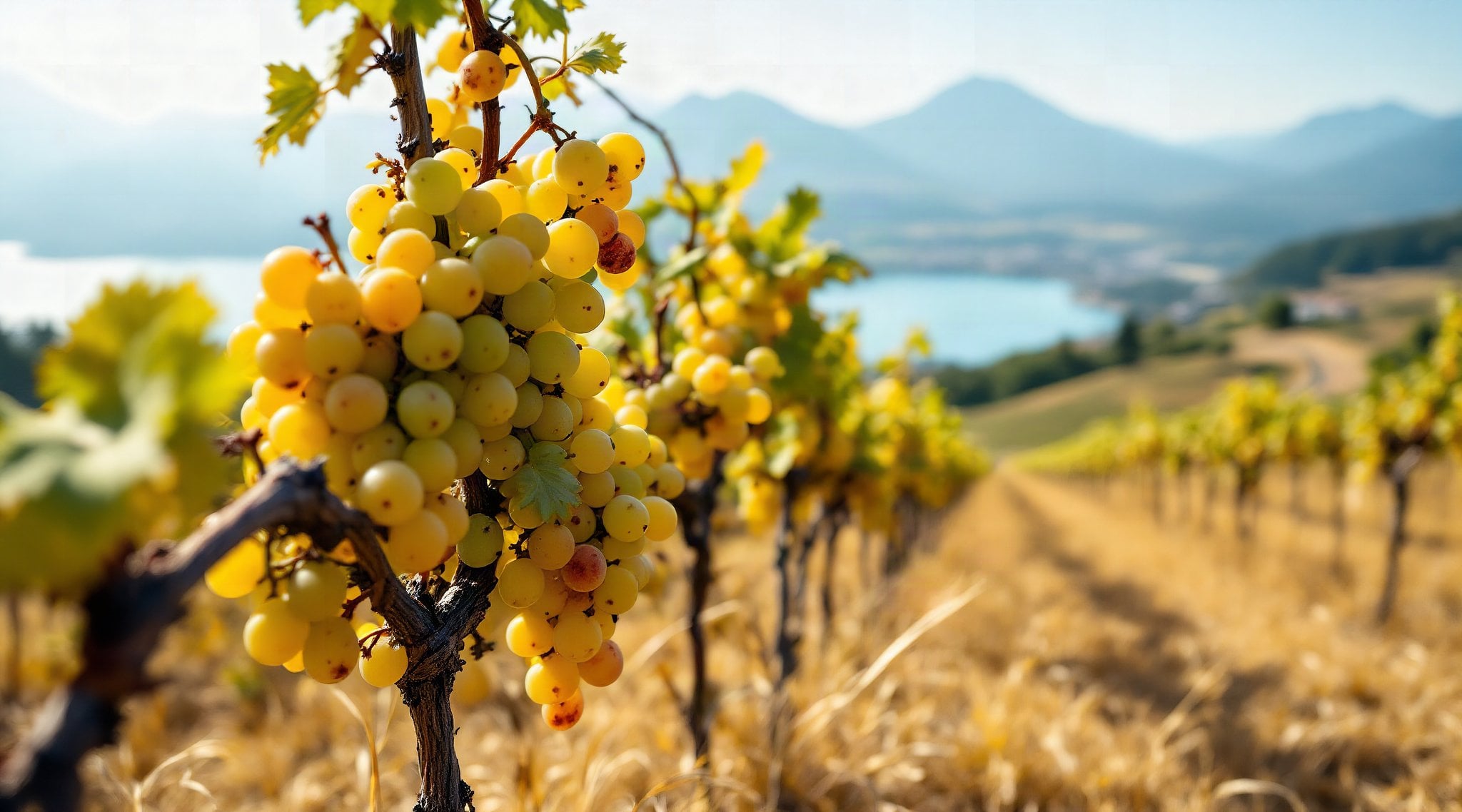 Chasselas-Trauben mit sonnenverbrannten Beeren in einem trockenen Rebberg über dem See