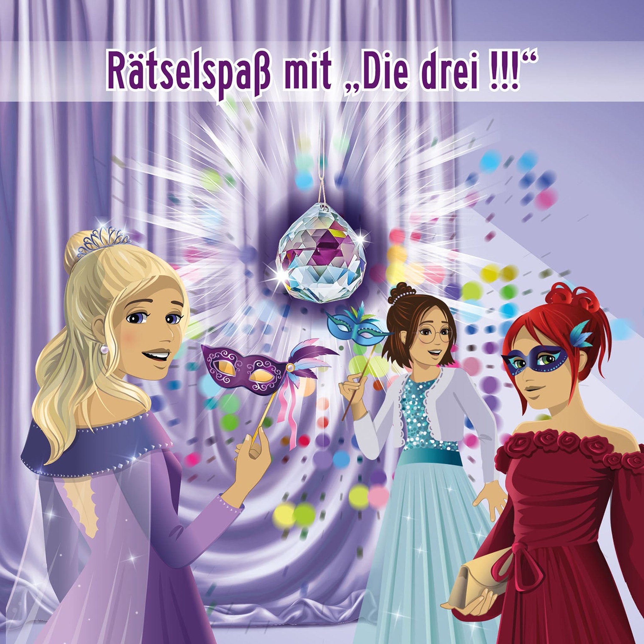 Kim, Franzi und Marie mit Masken und Kristallkugel, Illustration zum Die drei !!! Adventskalender