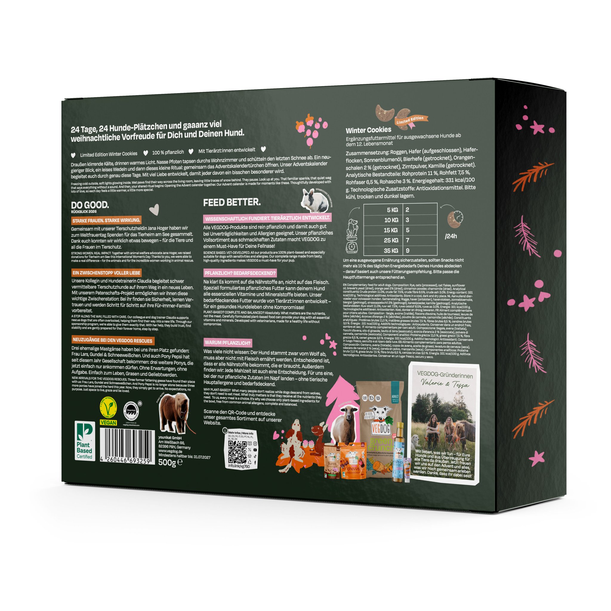 Adventskalender für Hunde mit Winter Cookies – Rückseite mit Zusammensetzung
