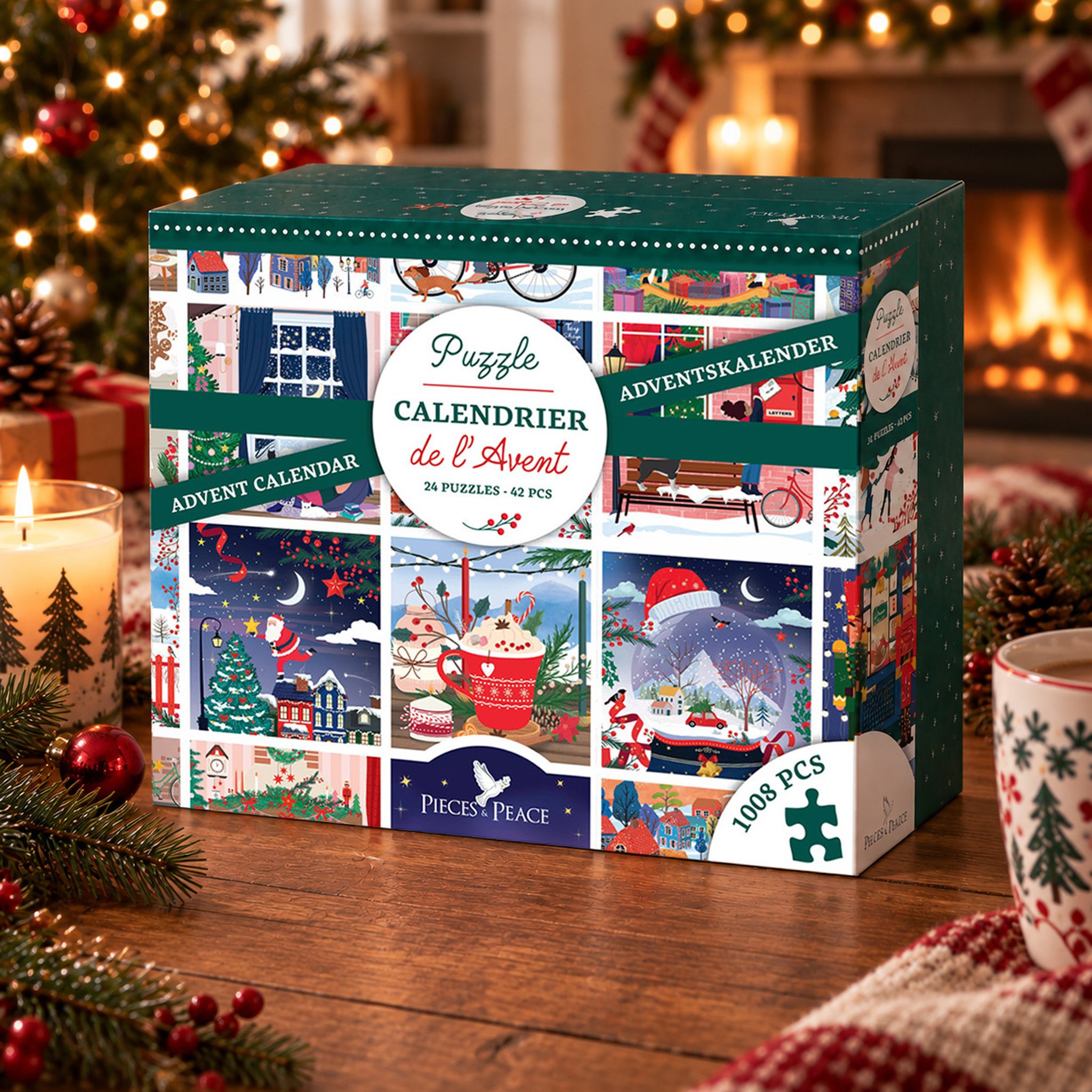 Calendrier de l'Avent puzzle sur une table en bois devant un sapin et une cheminée