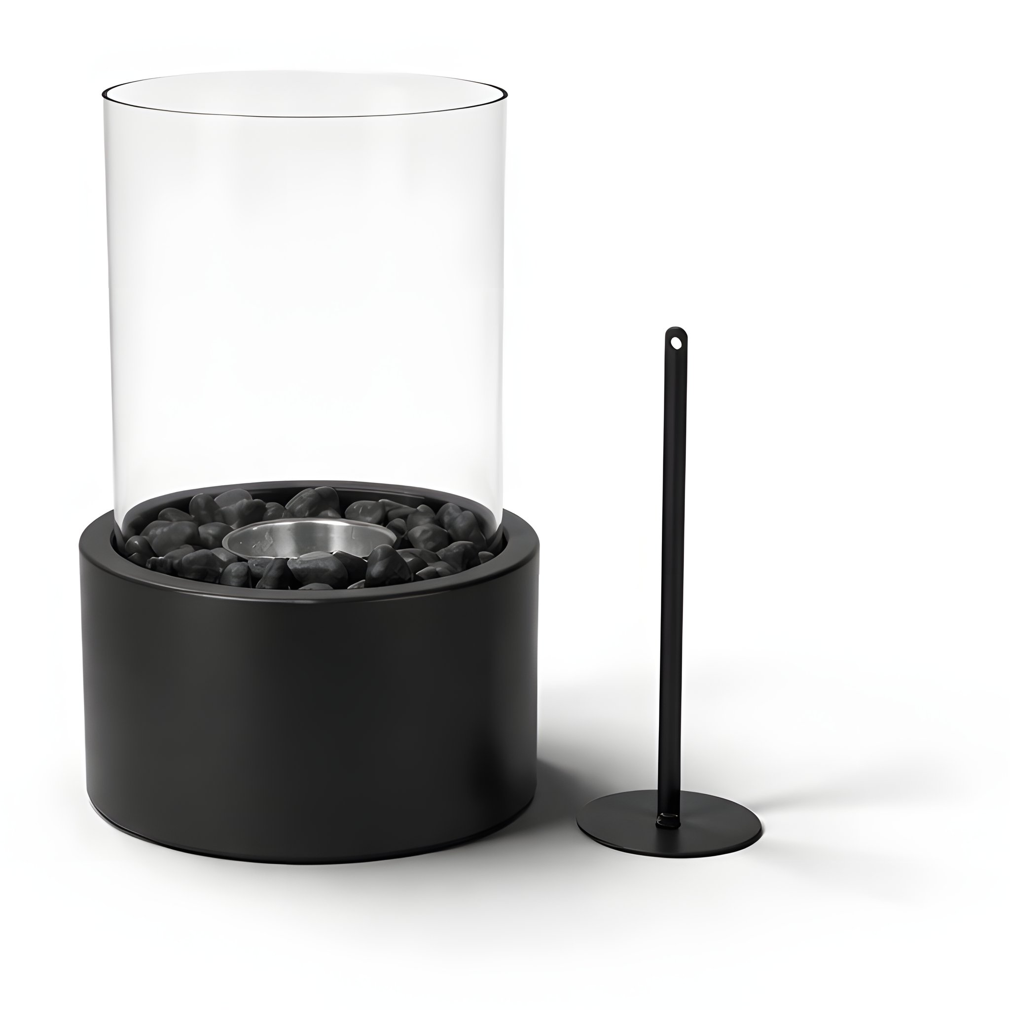 Tischkamin Rund Schwarz mit Glaszylinder, schwarzen Steinen und Löschwerkzeug, freigestellt