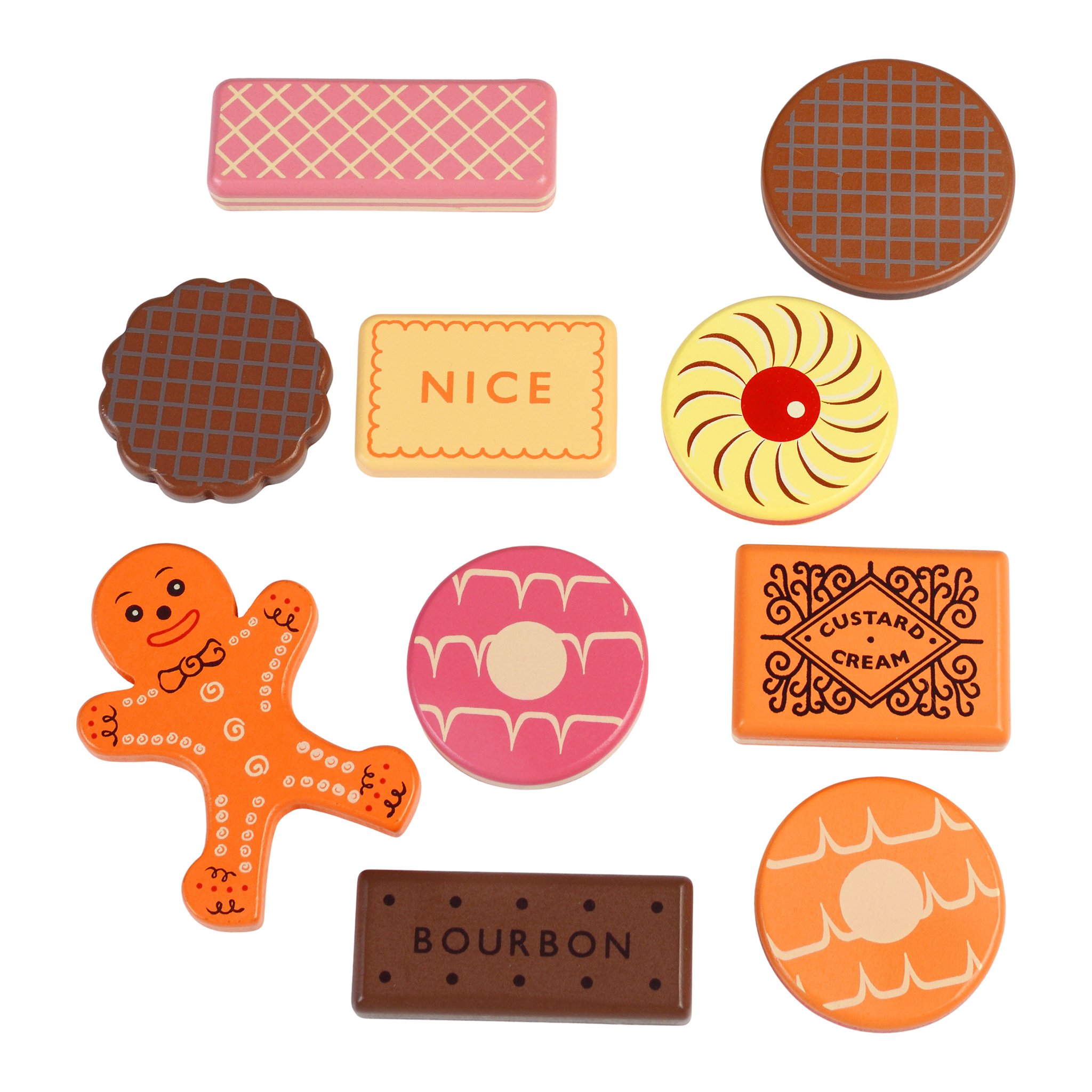 Die zehn Holzkekse: Lebkuchenmann, Donut, Waffelkeks, Bourbon, Nice und Jammie Dodger