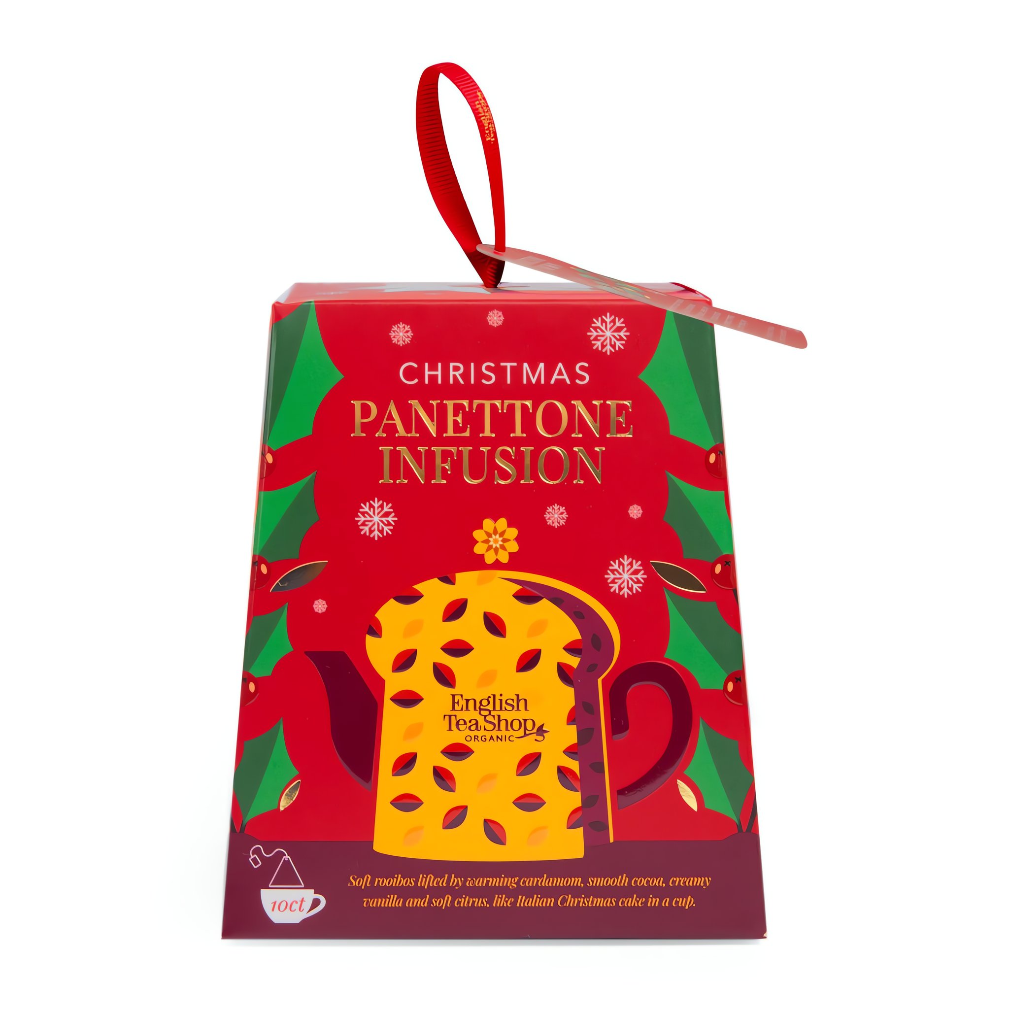 Rote Tee-Geschenkbox mit Panettone-Motiv und Schleife zum Aufhängen