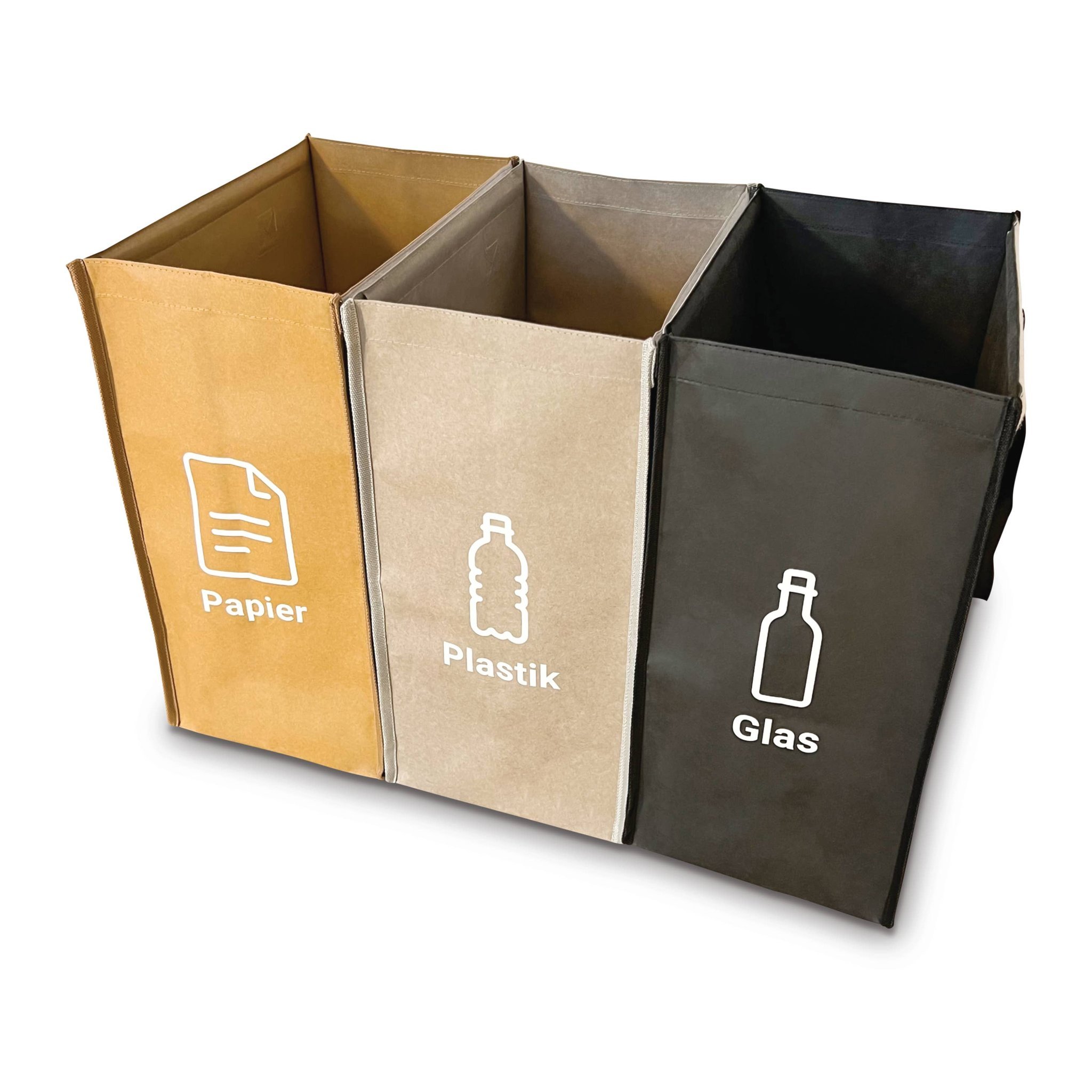 Stazione di riciclo in carta kraft con simboli bianchi per carta, plastica e vetro