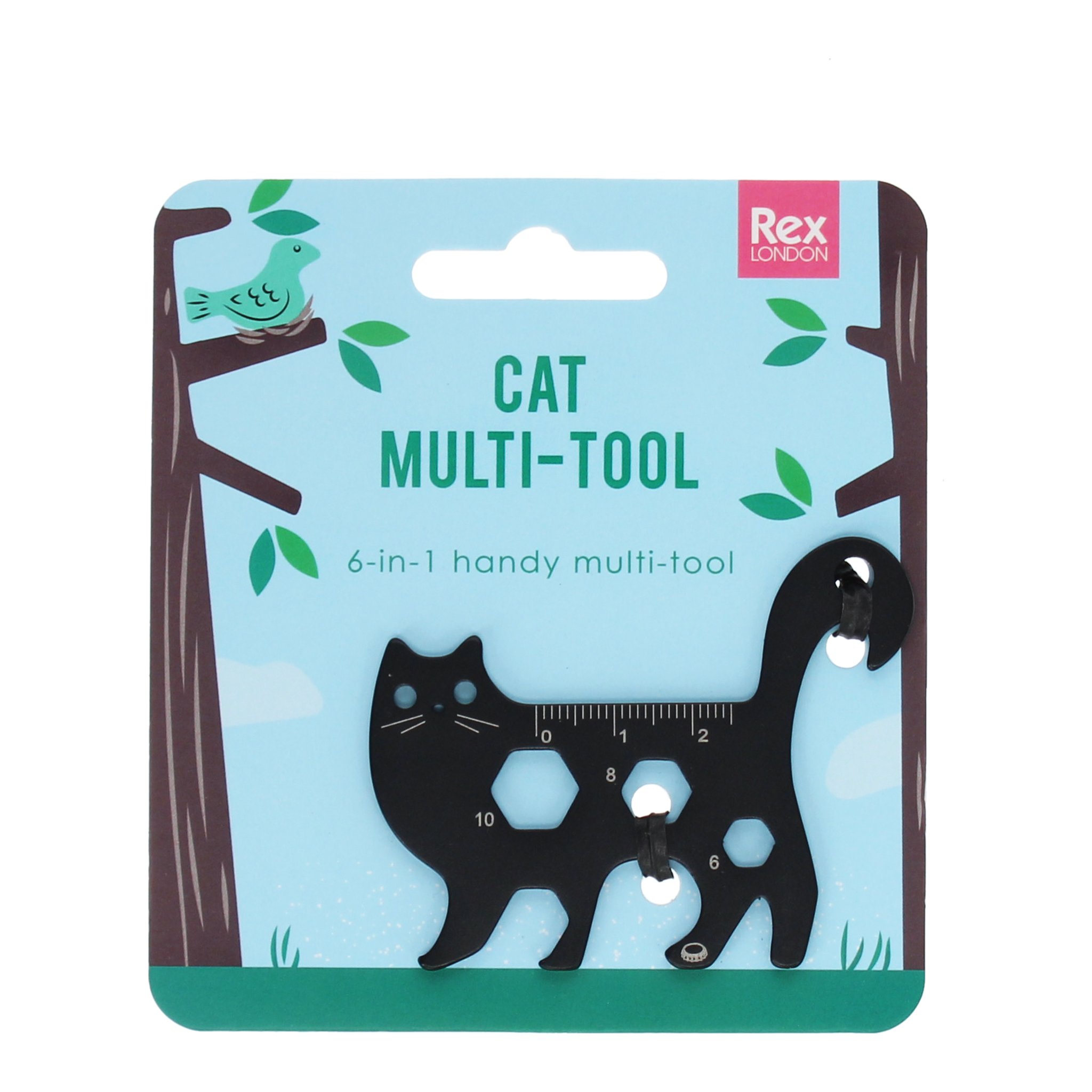 Katzen-Multitool auf der bedruckten Verpackungskarte Cat Multi-Tool