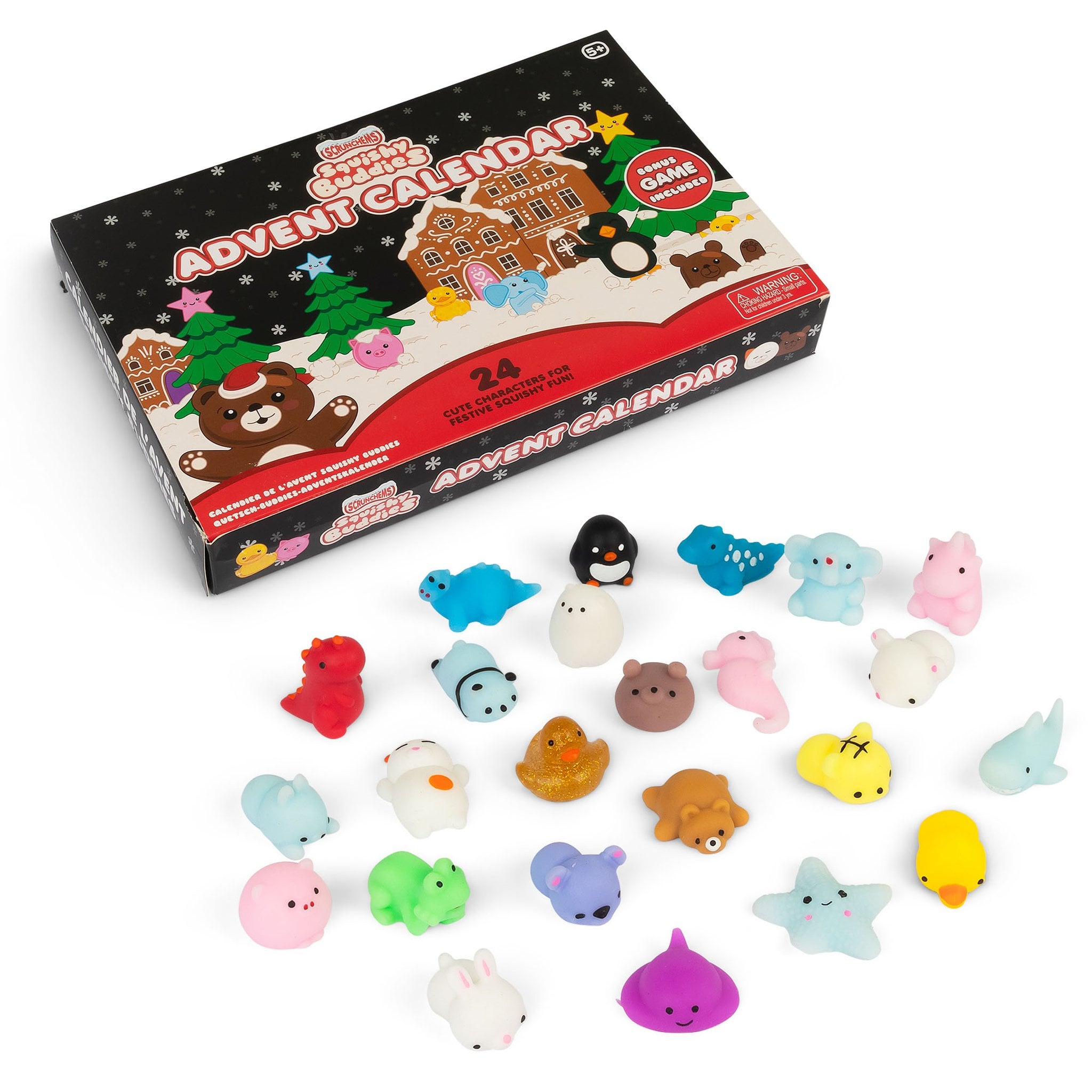 Scrunchems Squishy Buddies Adventskalender mit der Box und allen 24 Mini-Squishies davor