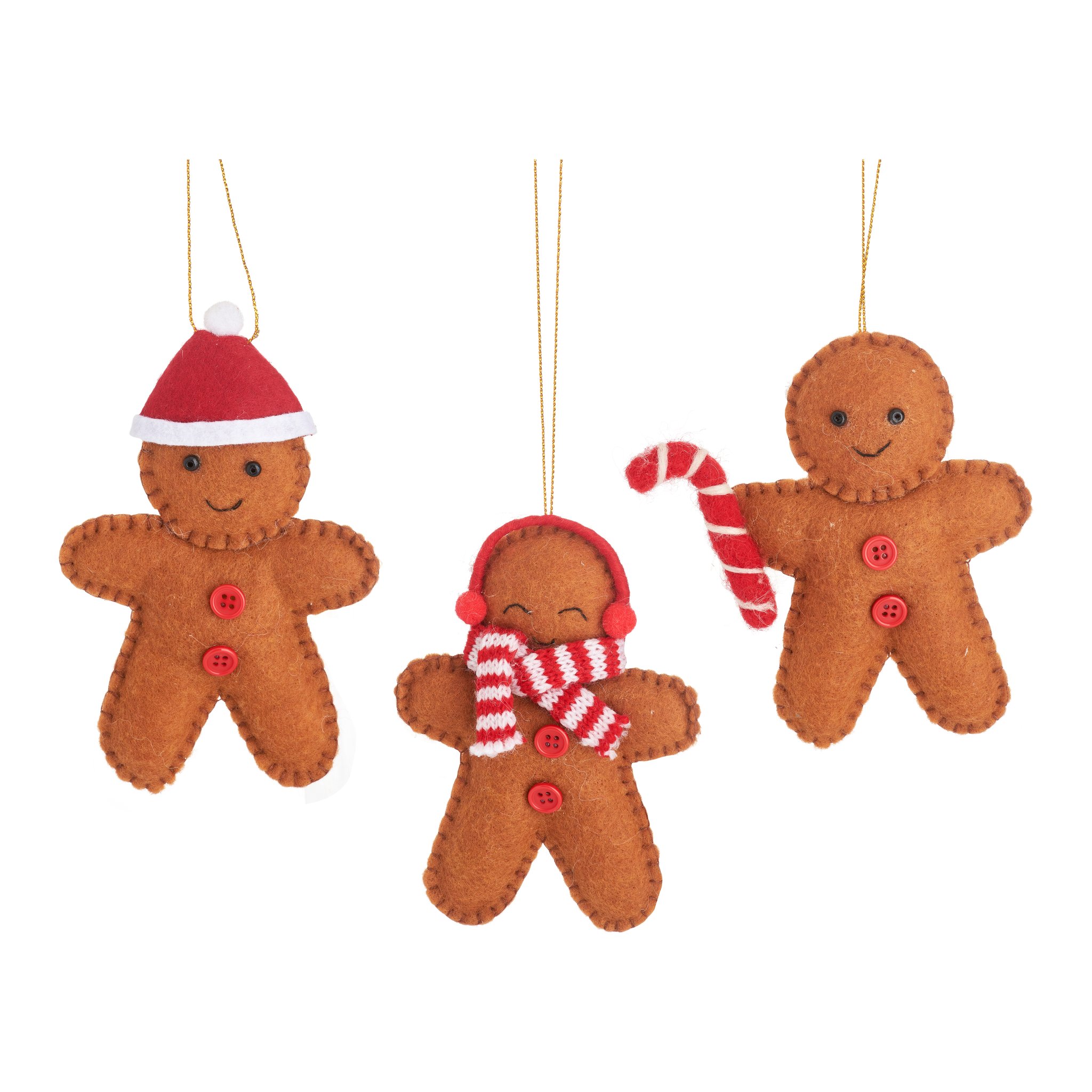 Décoration de Noël pain d'épices Sass & Belle, trois bonshommes en feutrine avec bonnet, cache-oreilles et sucre d'orge, détourés