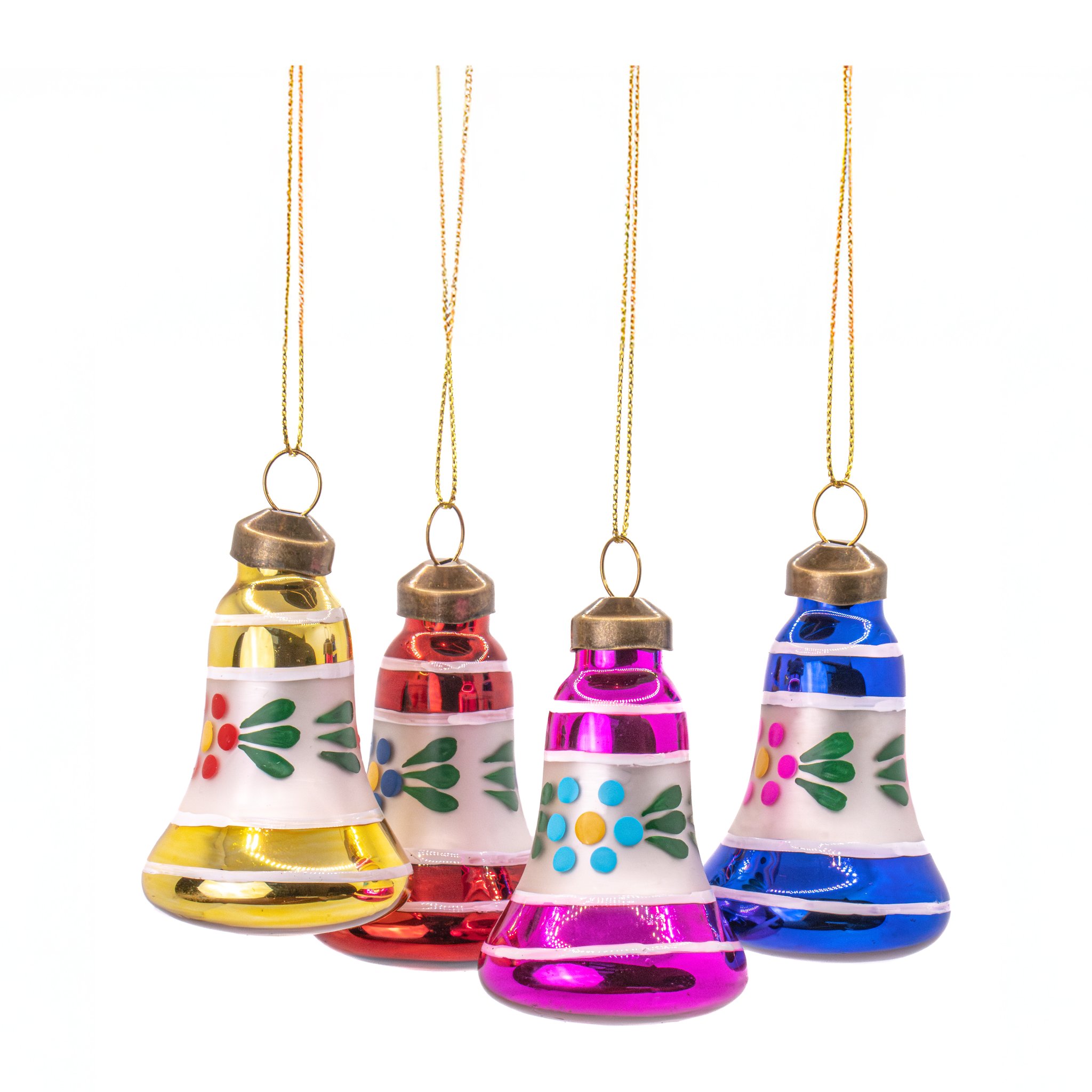 Vintage-Glocken aus Glas in Gelb, Rot, Pink und Blau mit Blumenmuster