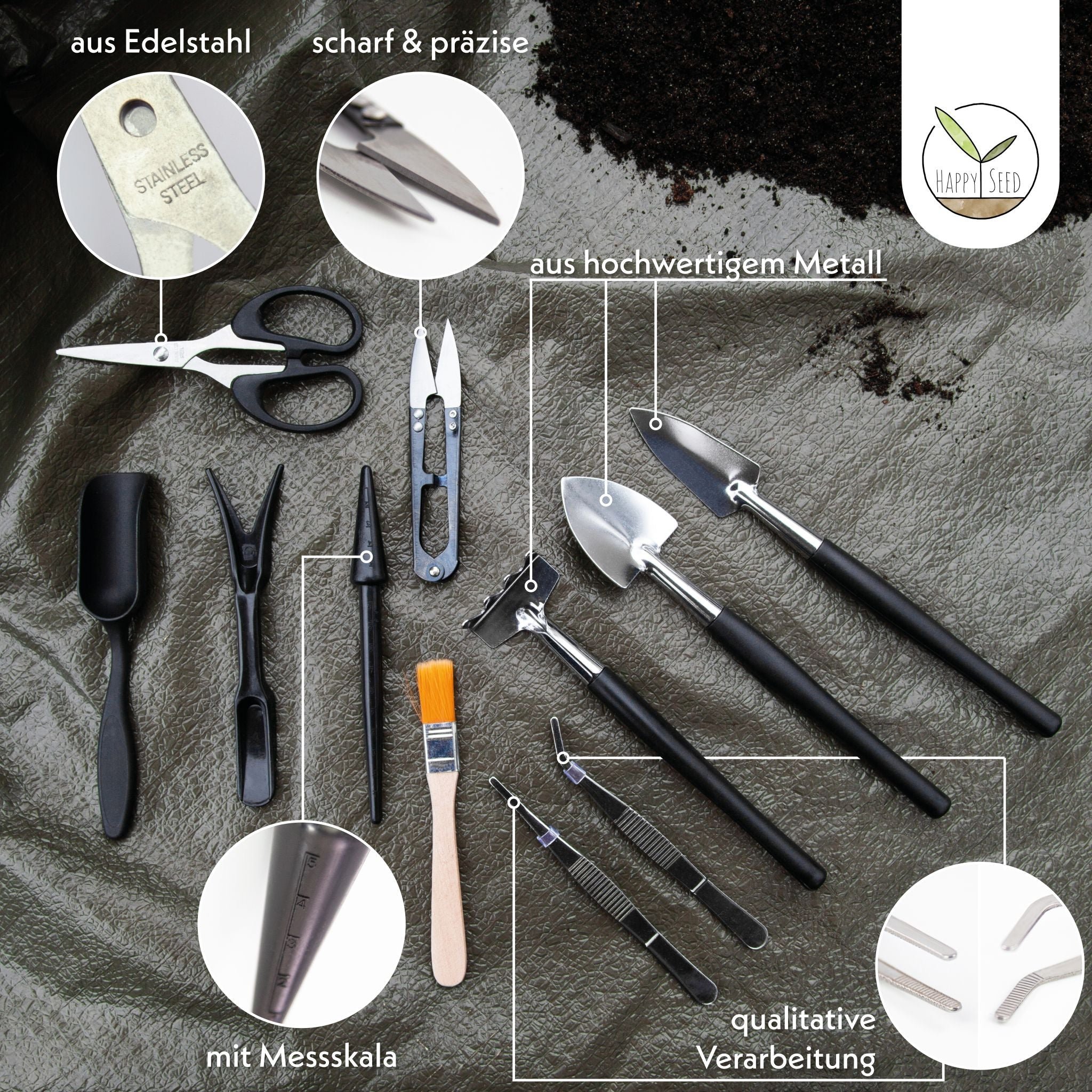 Bonsai Werkzeug-Set Detailaufnahme Edelstahl-Qualität und HappySeed Logo