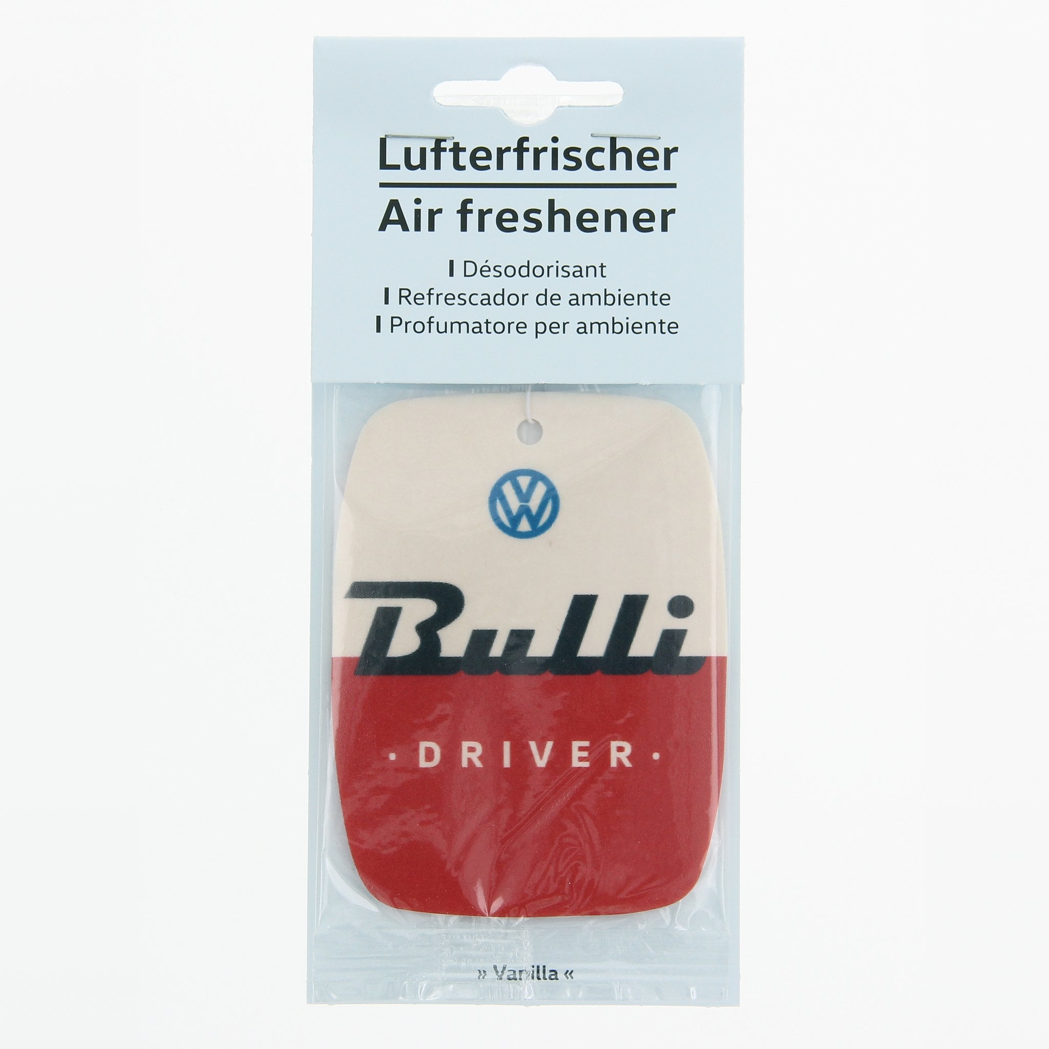 Désodorisant Bulli Driver dans son emballage : carte parfumée à suspendre avec logo VW, inscription Bulli et base rouge, parfum vanille