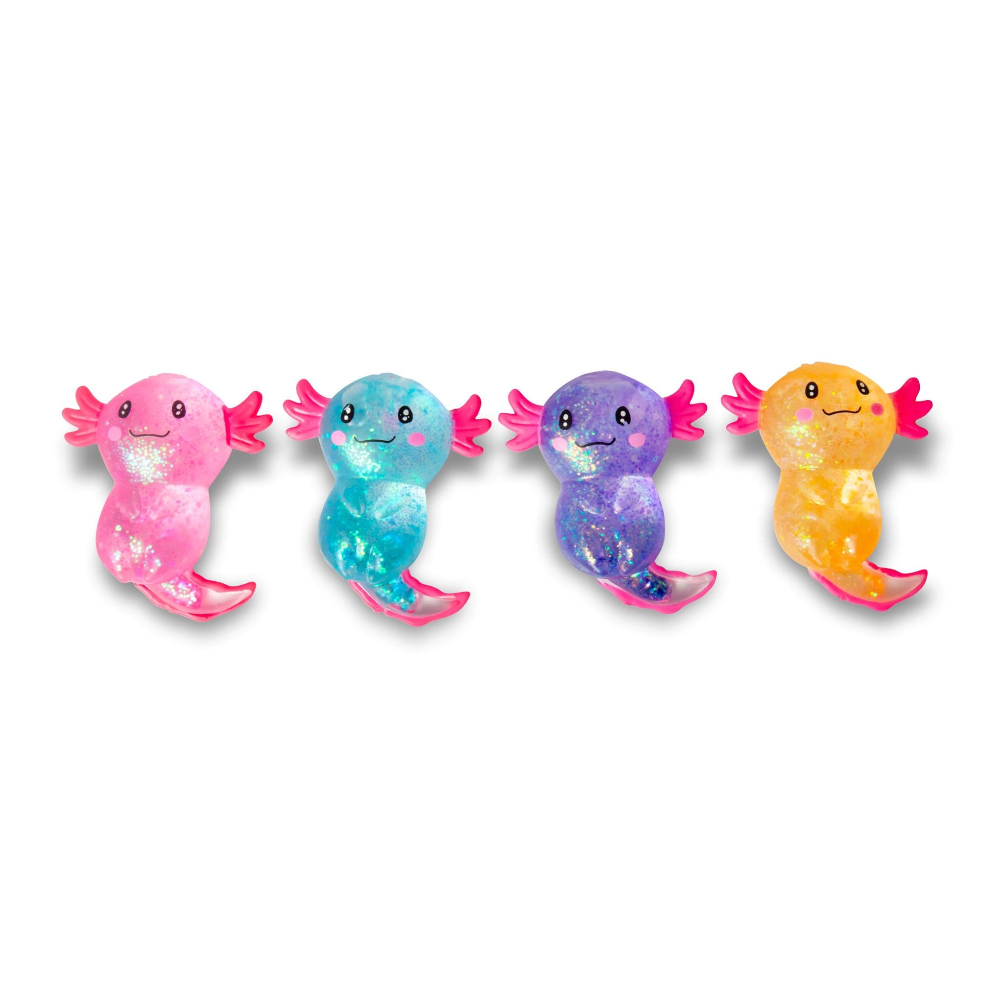 Axolotl-Squishy in allen vier Farben Pink, Türkis, Lila und Orange nebeneinander