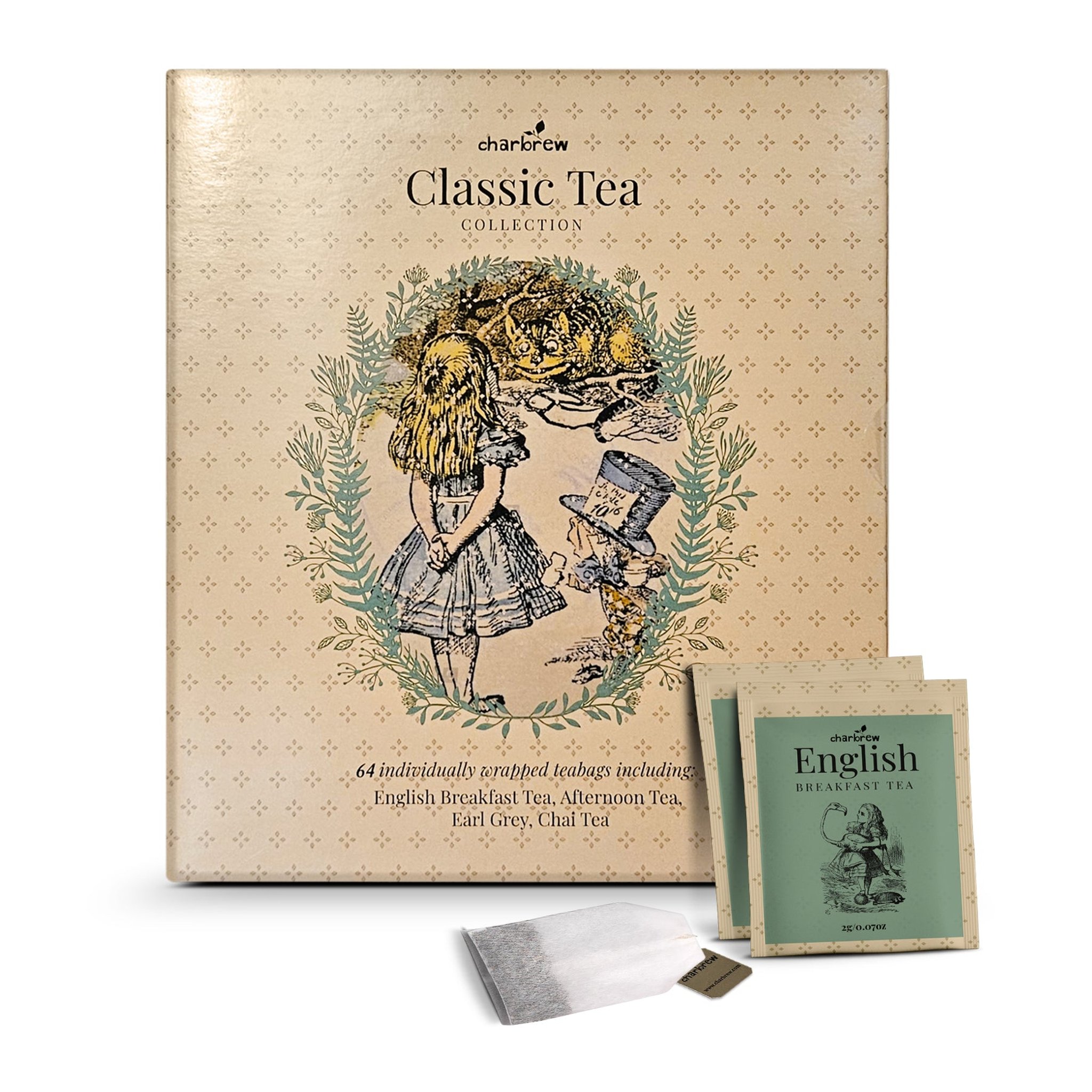 Libro di tè Alice nel Paese delle Meraviglie di Charbrew con copertina Classic Tea e bustine English Breakfast