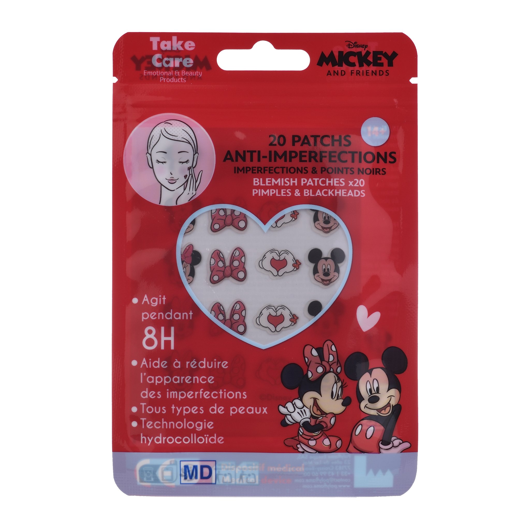 Red pouch of 20 Minnie Mouse blemish patches, front with heart-shaped window