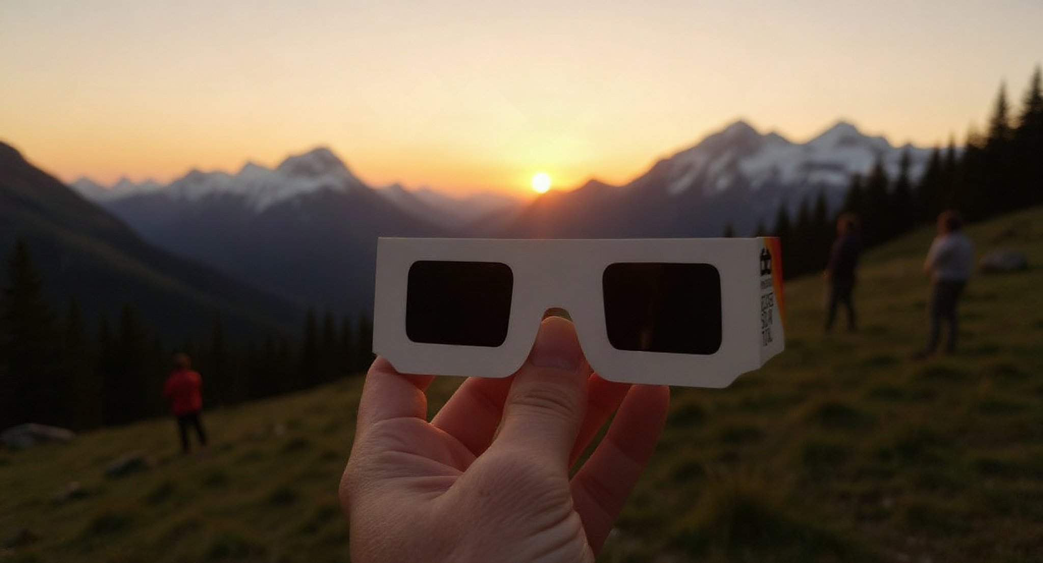 Hand hält Astromo Sonnenfinsternisbrille vor Alpenpanorama im Abendlicht