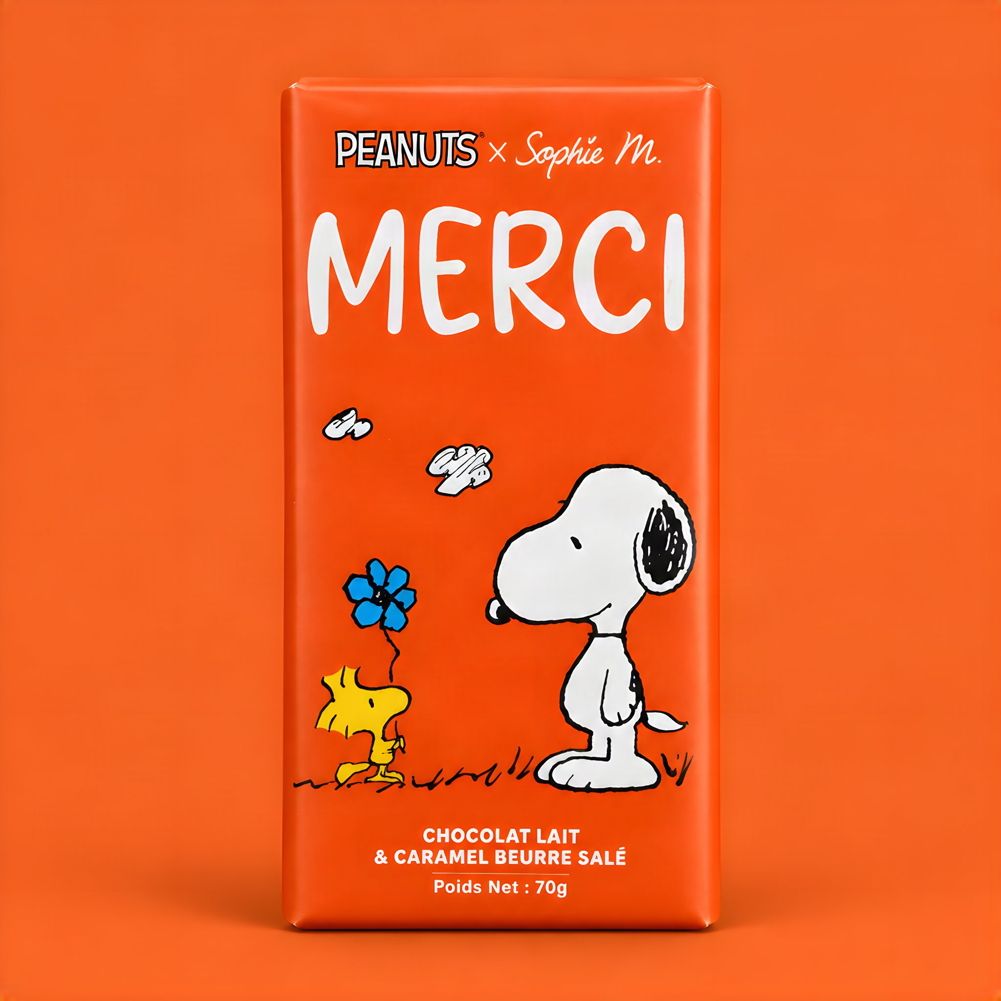 Orange Snoopy-Schokoladentafel «Merci» mit Snoopy und Woodstock, Milchschokolade mit Salzbutter-Karamell