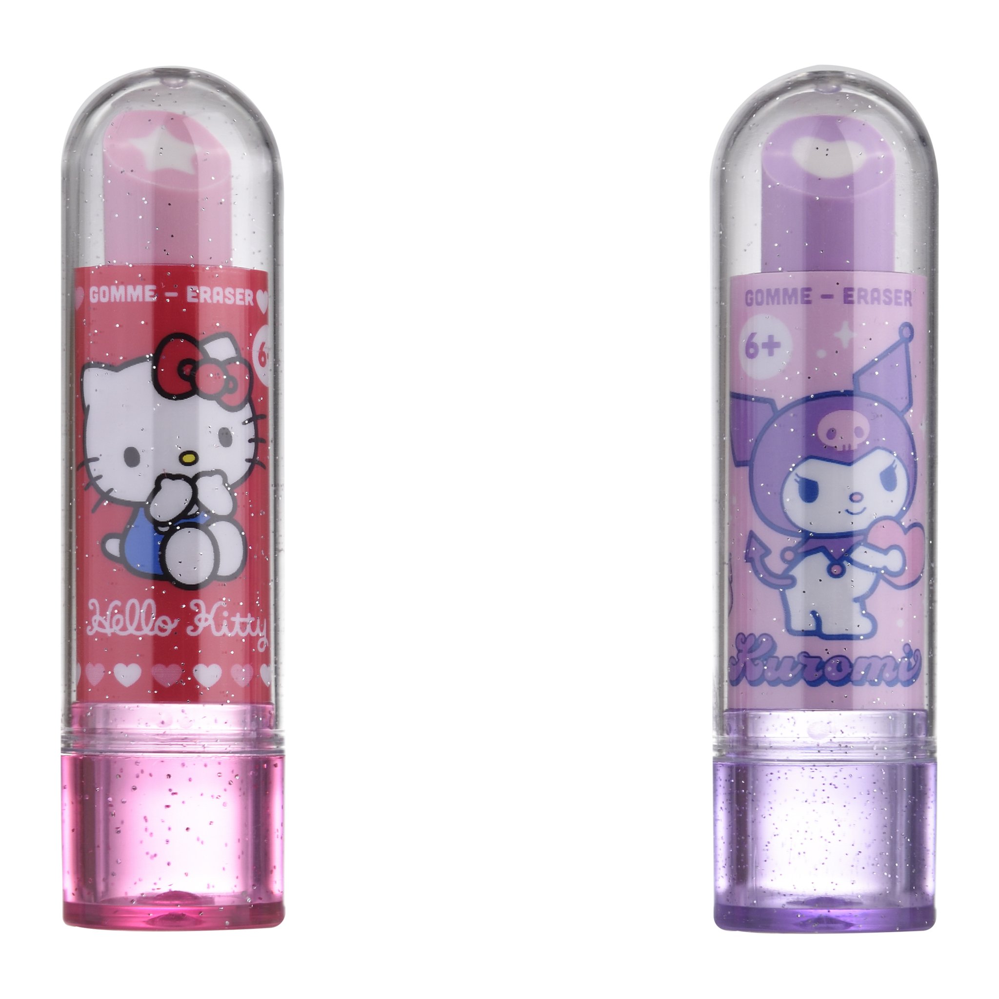 Gomme a forma di rossetto Hello Kitty rossa e Kuromi viola con il cappuccio trasparente