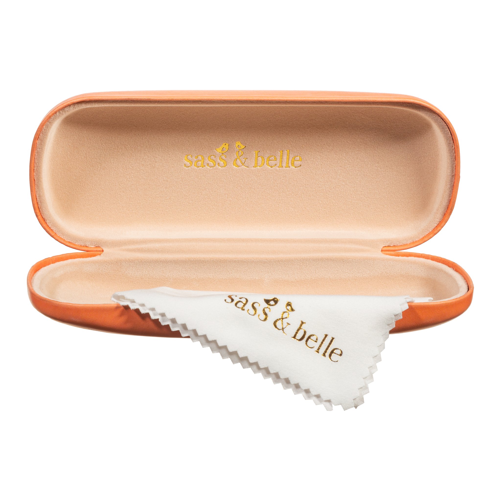 Étui à lunettes champignon ouvert avec doublure beige et chiffon de nettoyage
