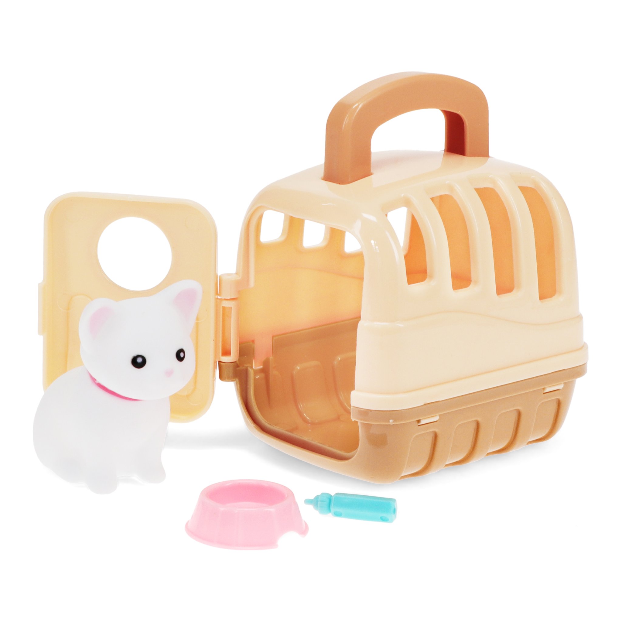 Geöffnete Transportbox des Spielsets mit Kätzchen, rosa Napf und Fläschchen