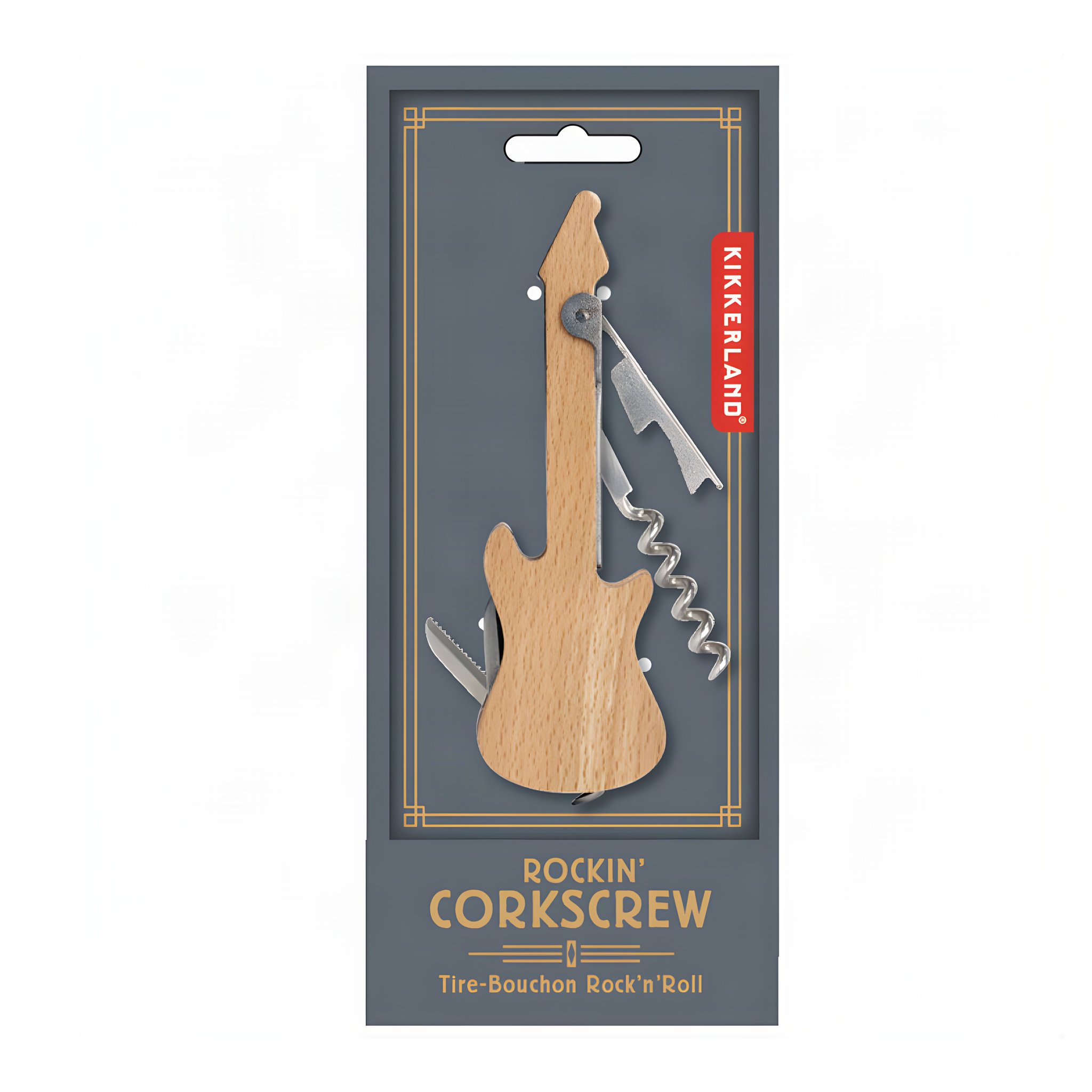Kikkerland Rockin' Corkscrew in der Verpackung mit ausgeklappter Spirale und Klinge