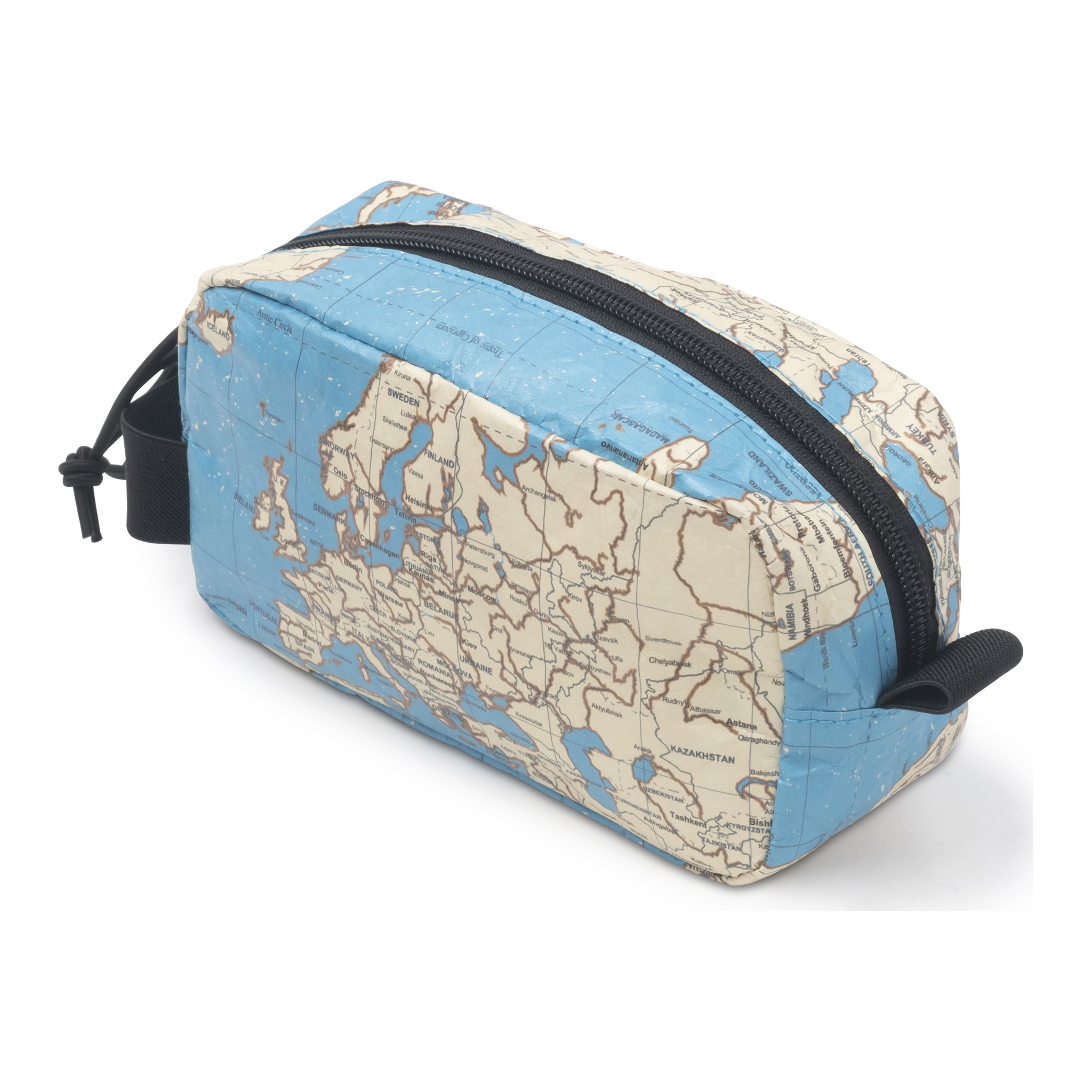 Kulturtasche Weltkarte schräg von der Seite mit Tragegriff