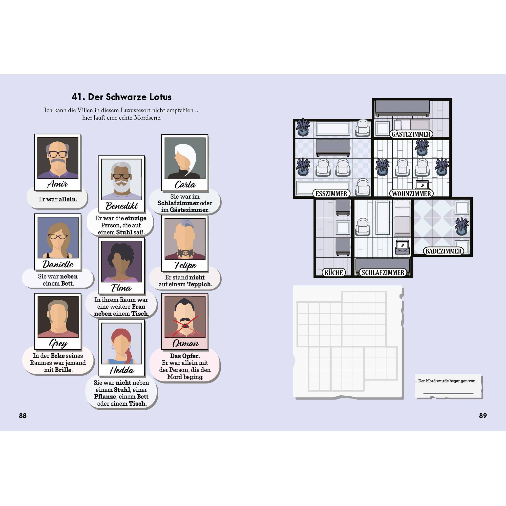 Double page from Murdoku with case 41 in a luxury resort, suspect cards and an empty solving grid