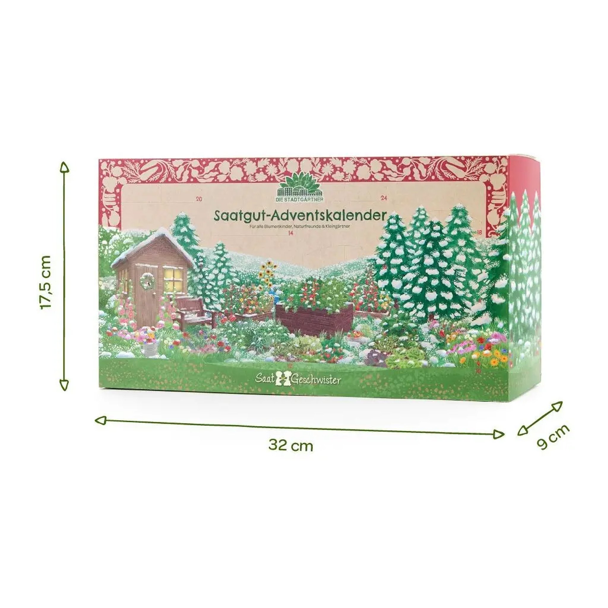 Dimension drawing of the seed advent calendar showing width, height and depth