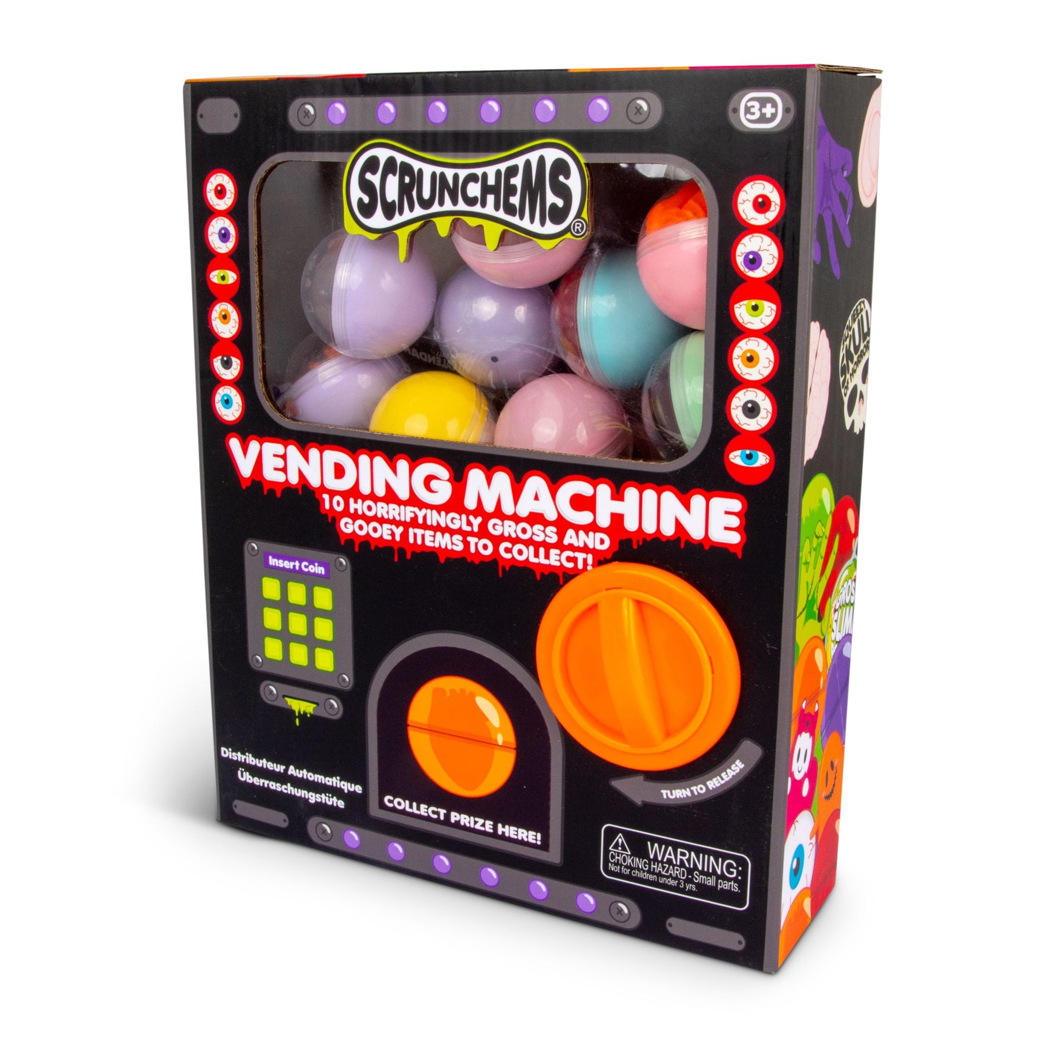 Horror Vending Machine vista di sbieco con design Halloween e capsule colorate nella vetrina