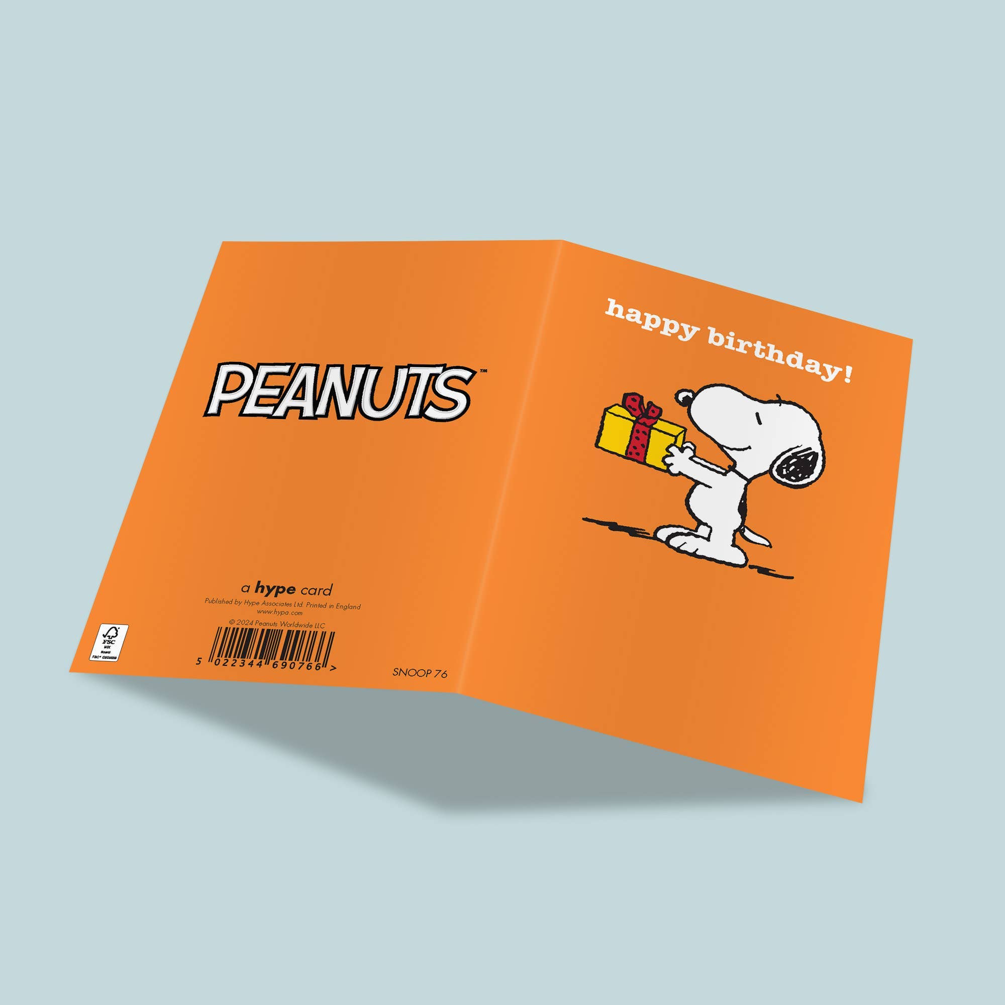 Geburtstagskarte Snoopy mit Geschenk – aufgeklappt
